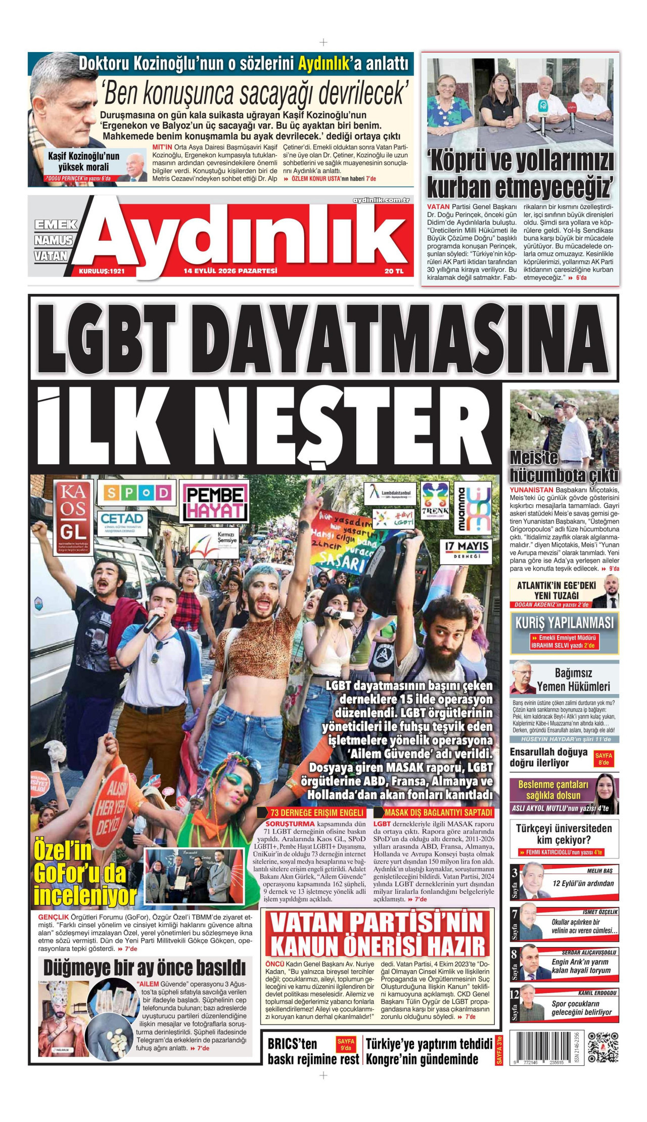 AYDINLIK GAZETESİ gazetesinin 14 Eylül 2026 tarihli birinci sayfası