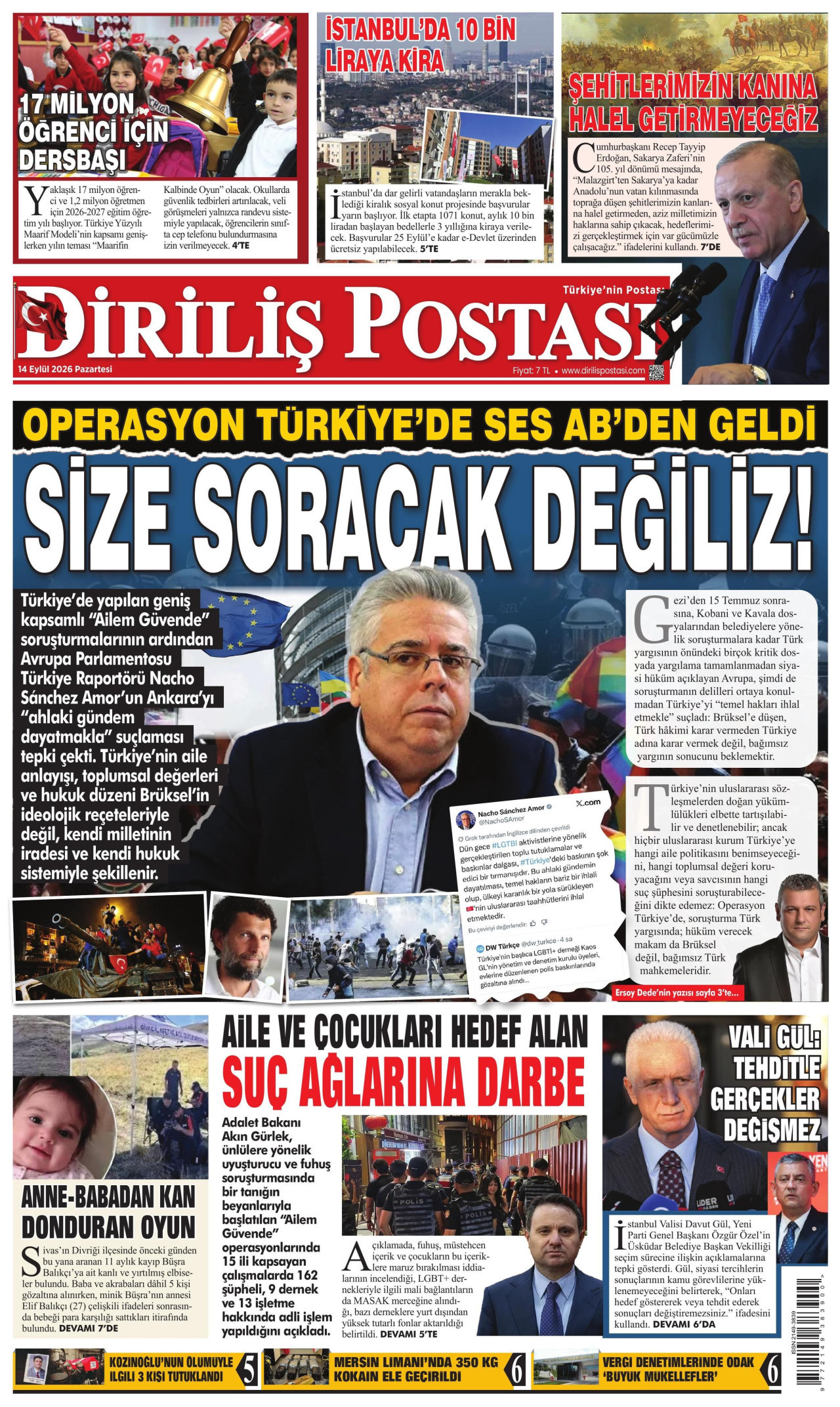 DİRİLİŞ POSTASI gazetesinin 14 Eylül 2026 tarihli birinci sayfası