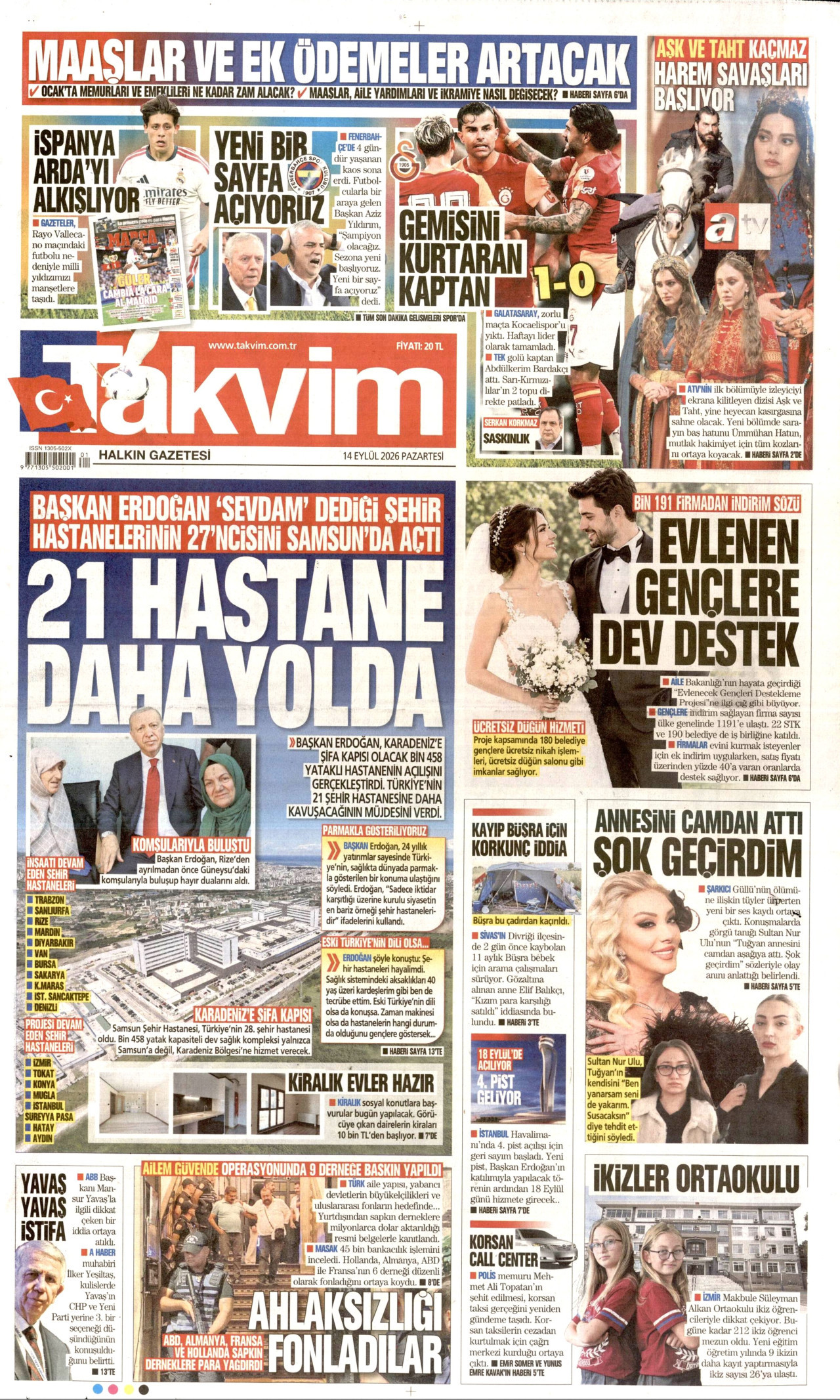TAKVİM gazetesinin 14 Eylül 2026 tarihli birinci sayfası