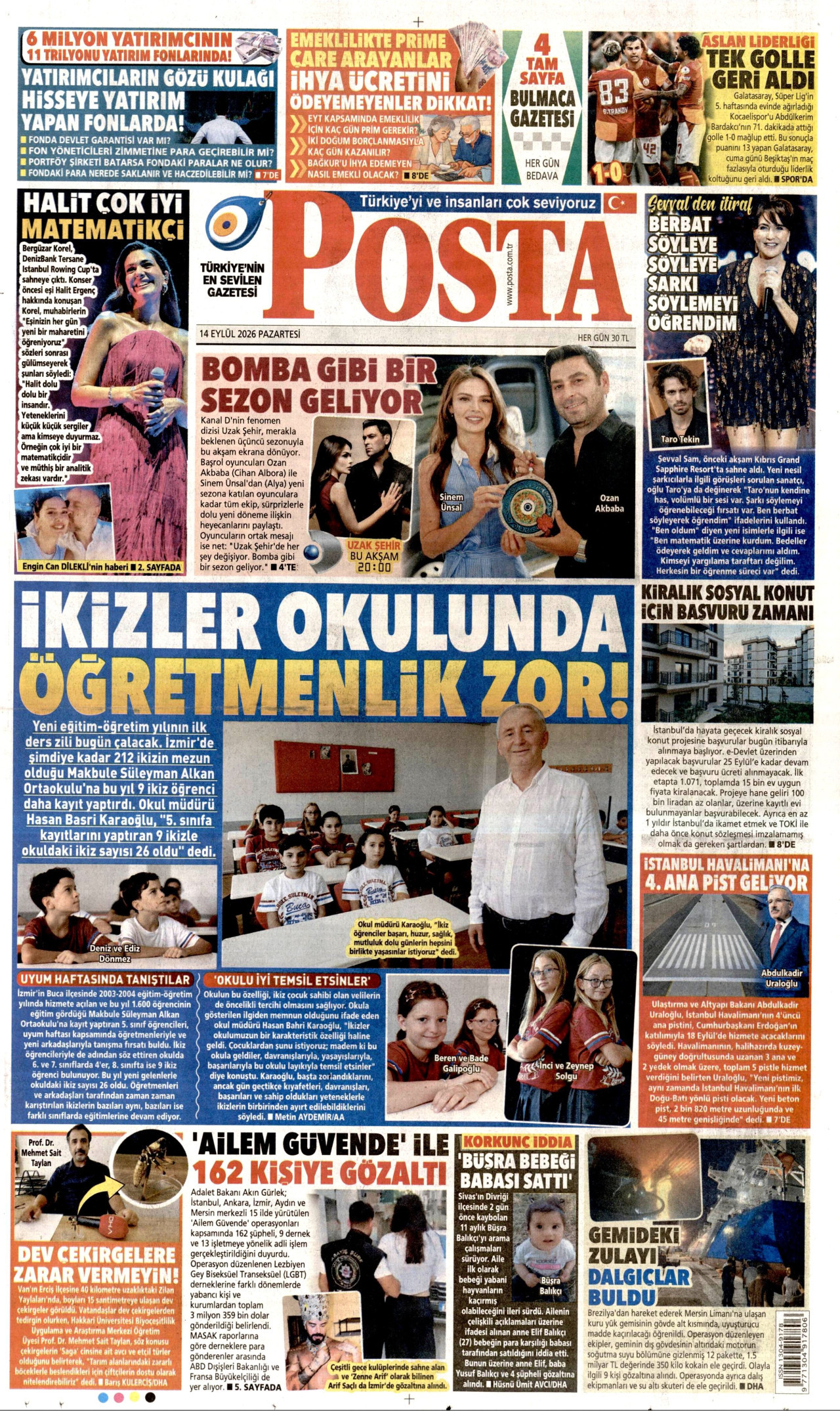 POSTA gazetesinin 14 Eylül 2026 tarihli birinci sayfası