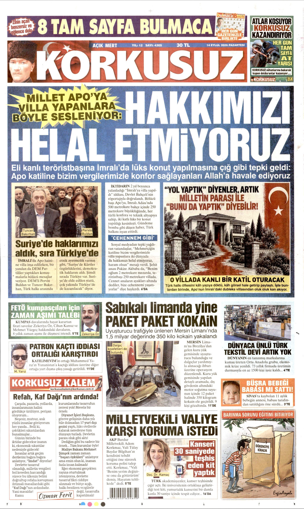 KORKUSUZ gazetesinin 14 Eylül 2026 tarihli birinci sayfası