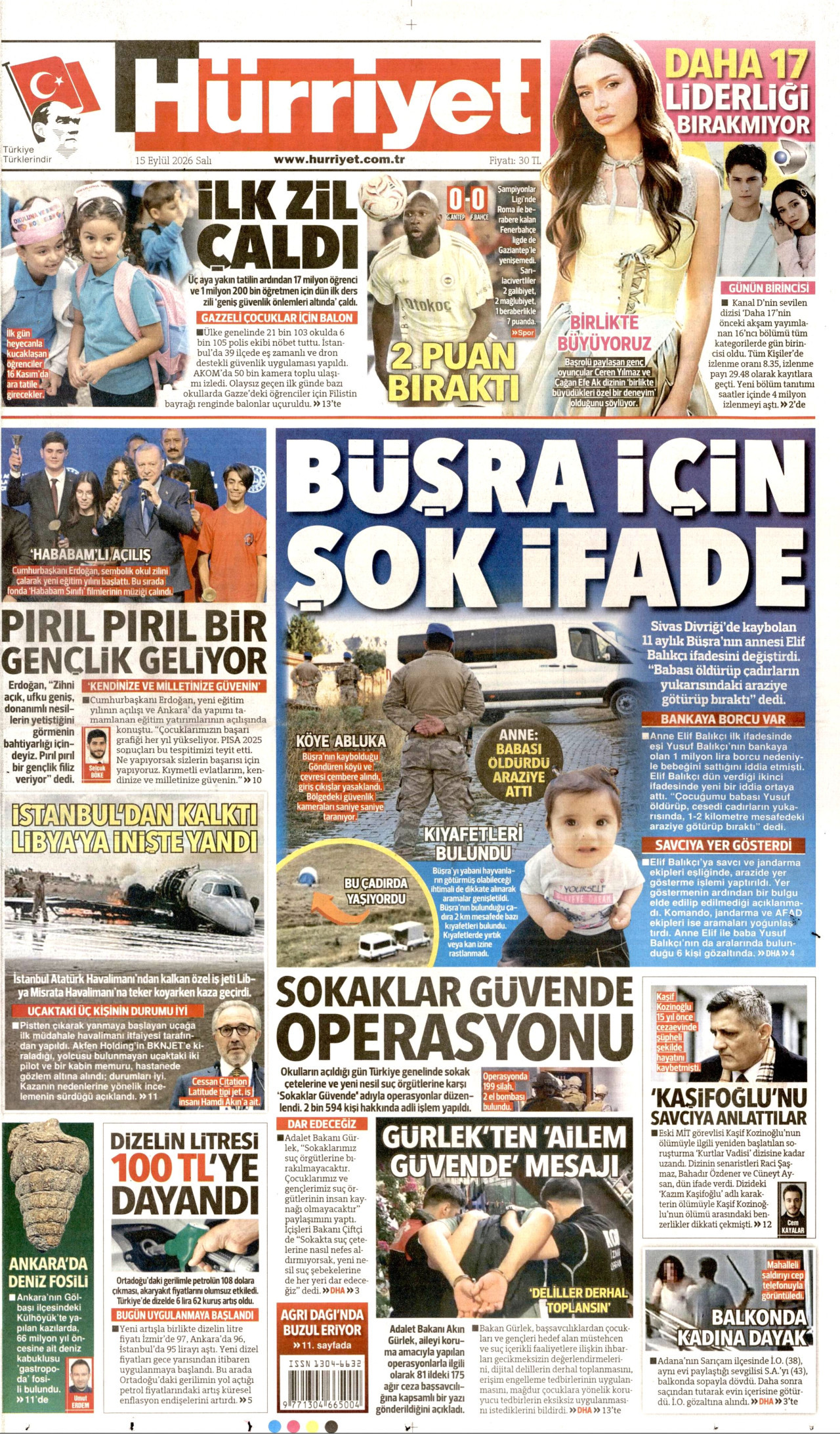 HÜRRİYET gazetesinin 15 Eylül 2026 tarihli birinci sayfası