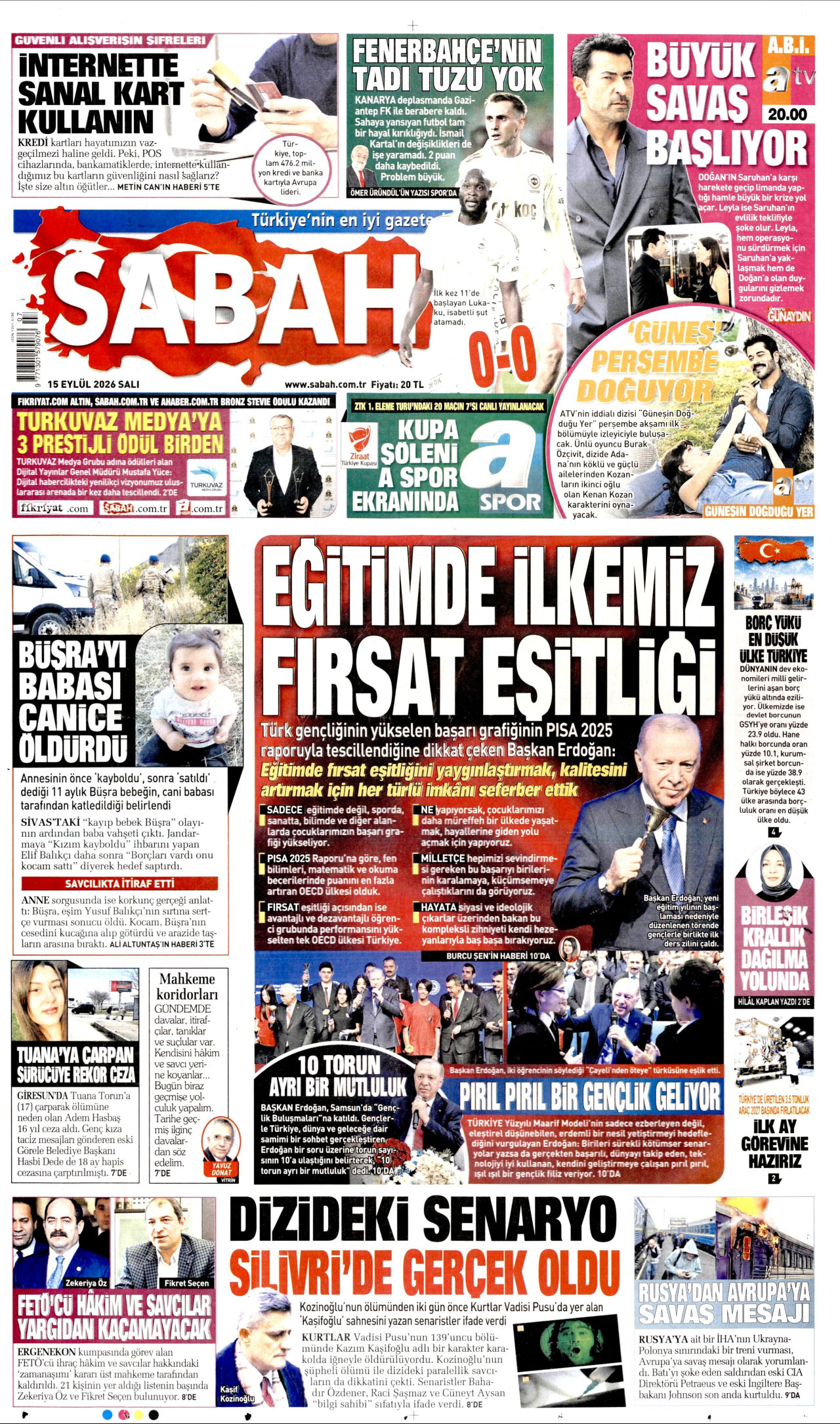 SABAH gazetesinin 15 Eylül 2026 tarihli birinci sayfası