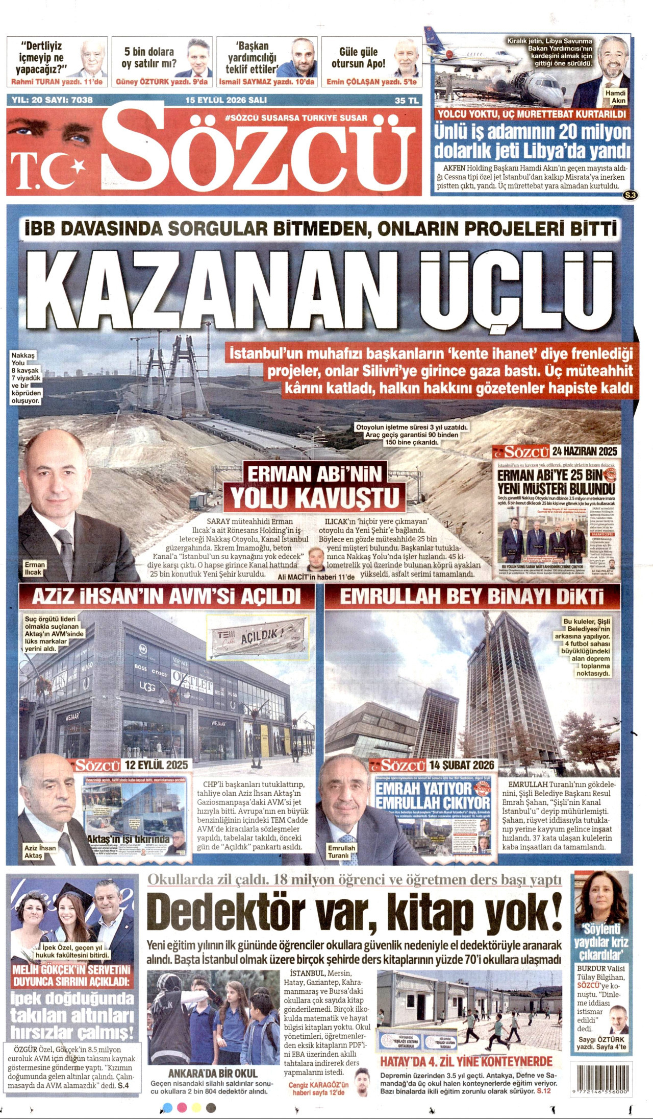 SÖZCÜ gazetesinin 15 Eylül 2026 tarihli birinci sayfası