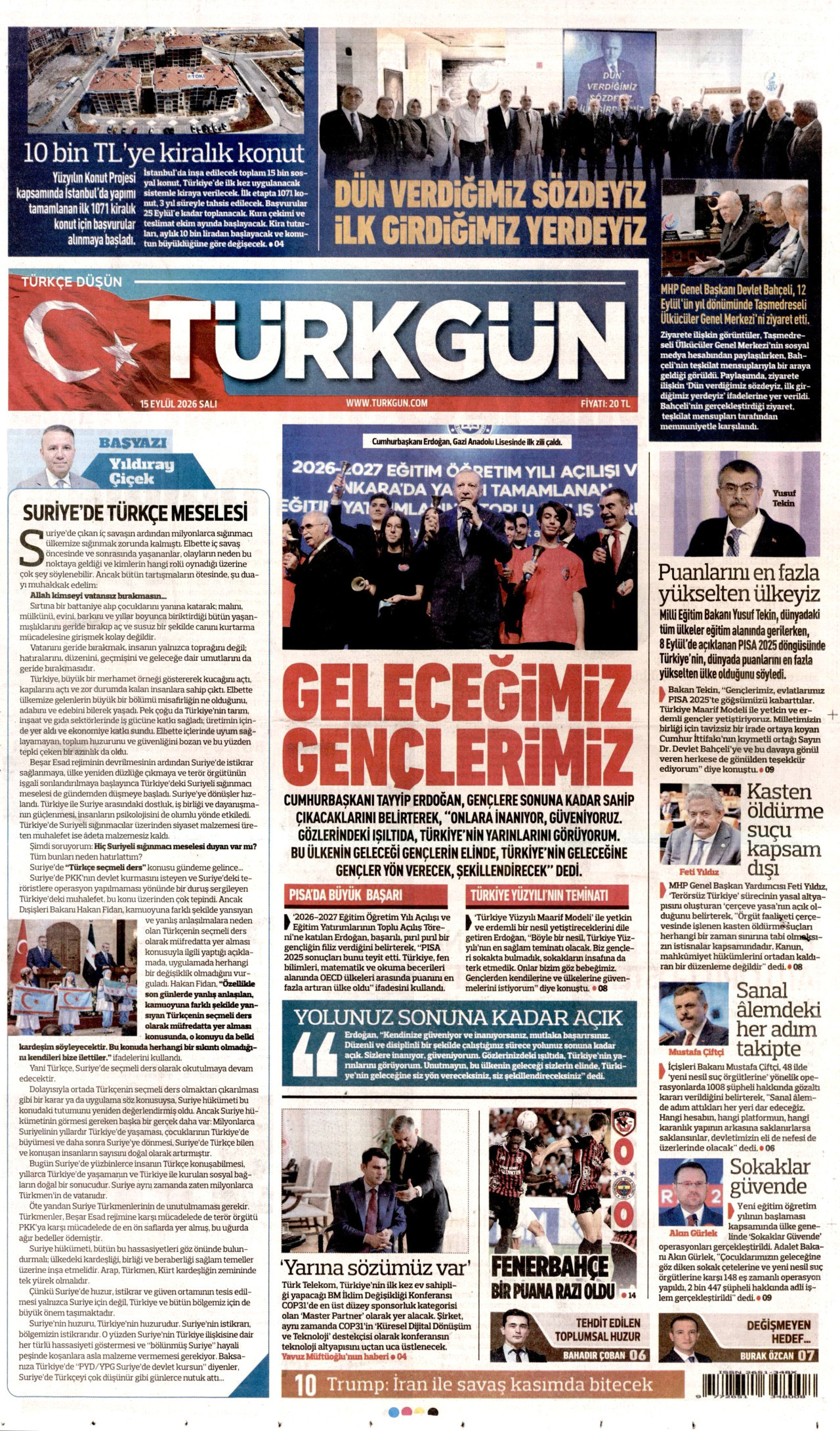 TÜRKGÜN gazetesinin 15 Eylül 2026 tarihli birinci sayfası