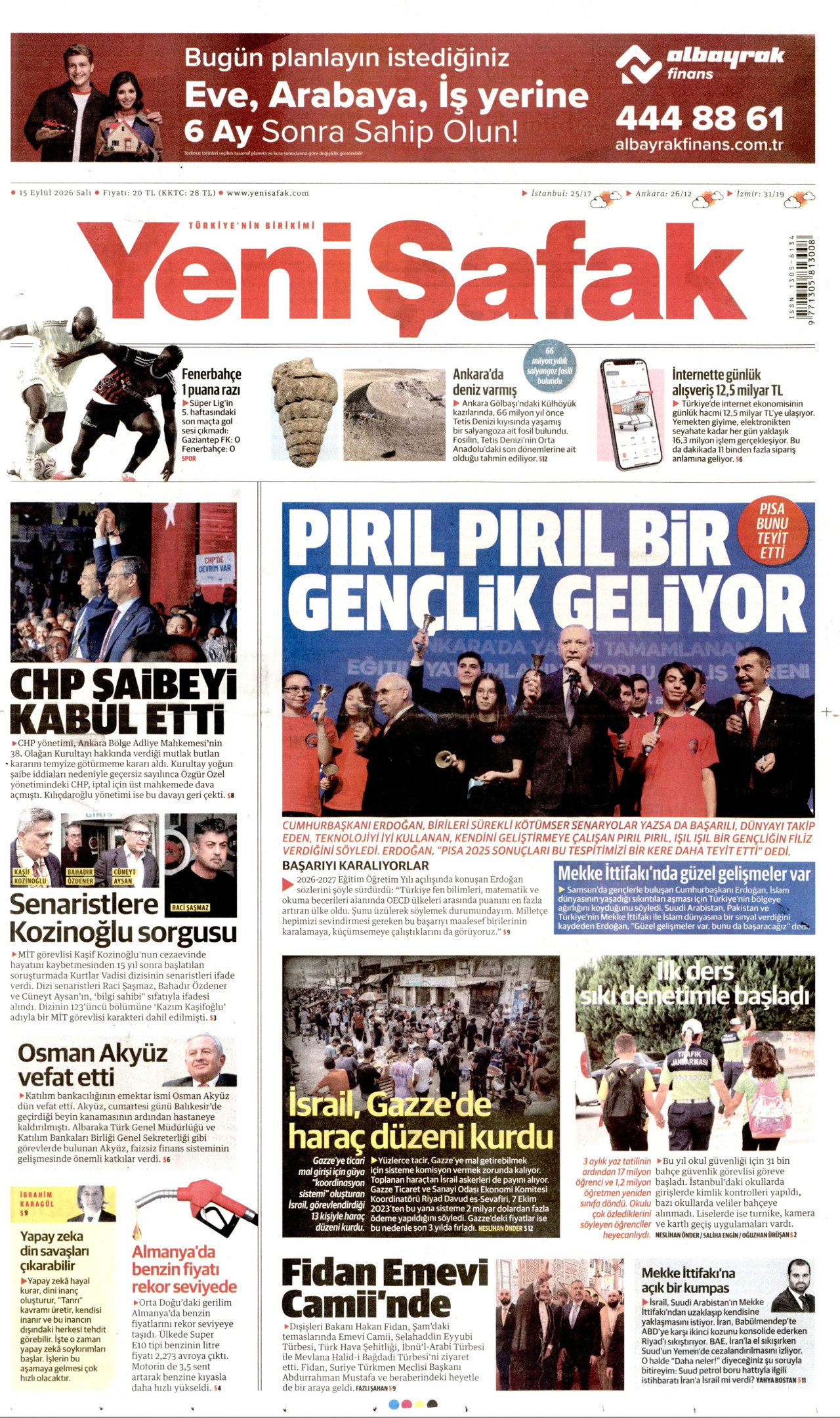 YENİ ŞAFAK gazetesinin 15 Eylül 2026 tarihli birinci sayfası