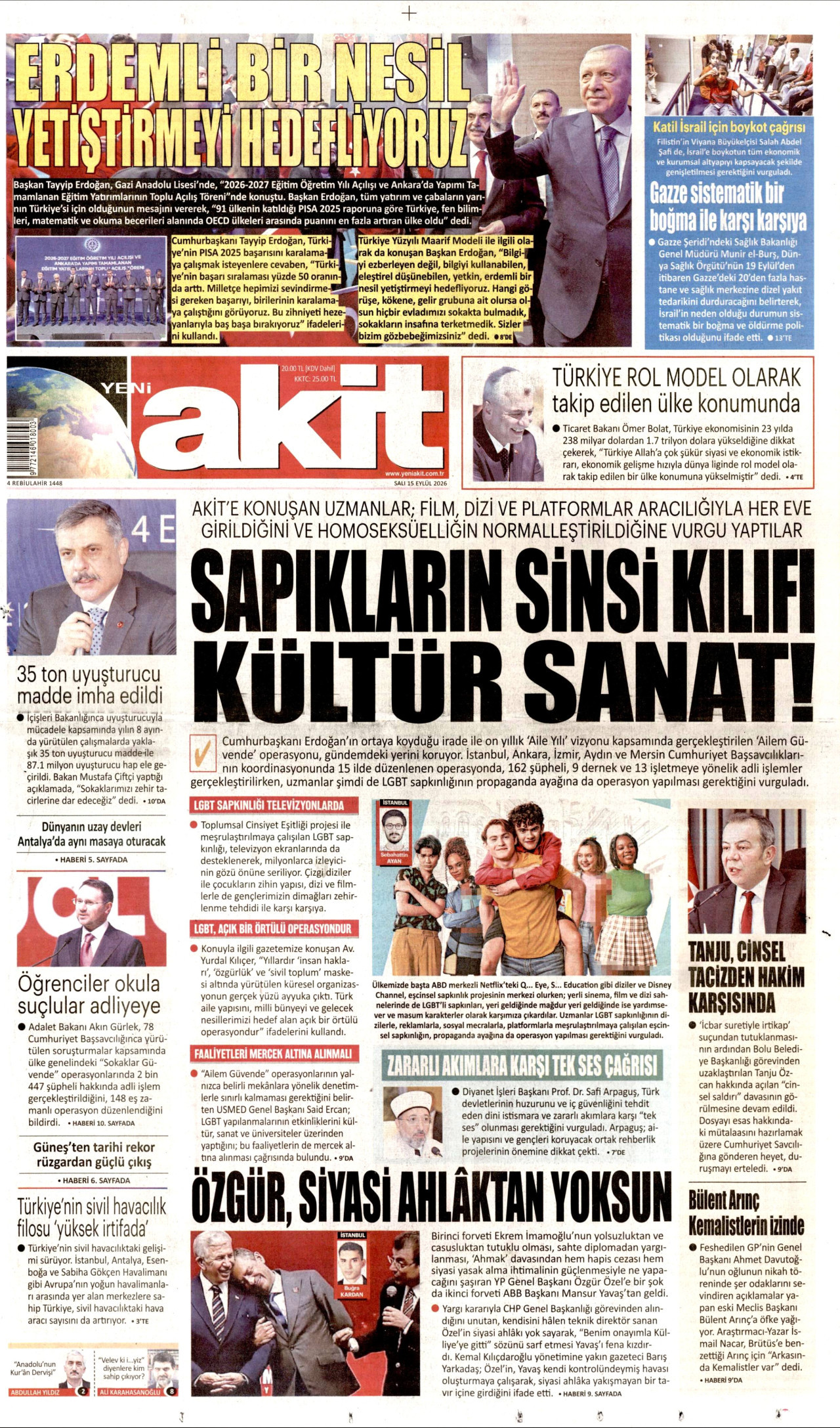 YENİ AKİT gazetesinin 15 Eylül 2026 tarihli birinci sayfası