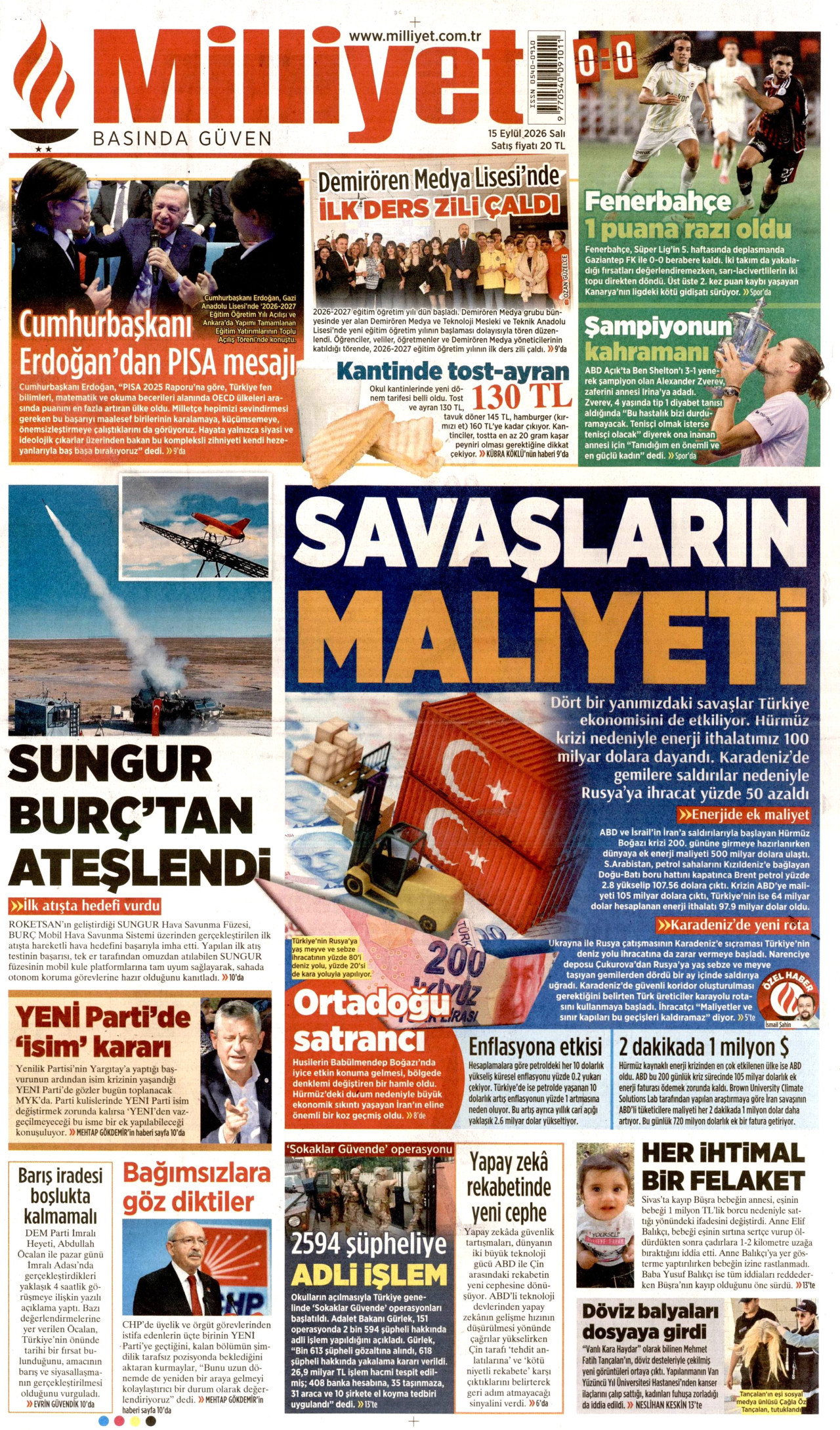 MİLLİYET gazetesinin 15 Eylül 2026 tarihli birinci sayfası