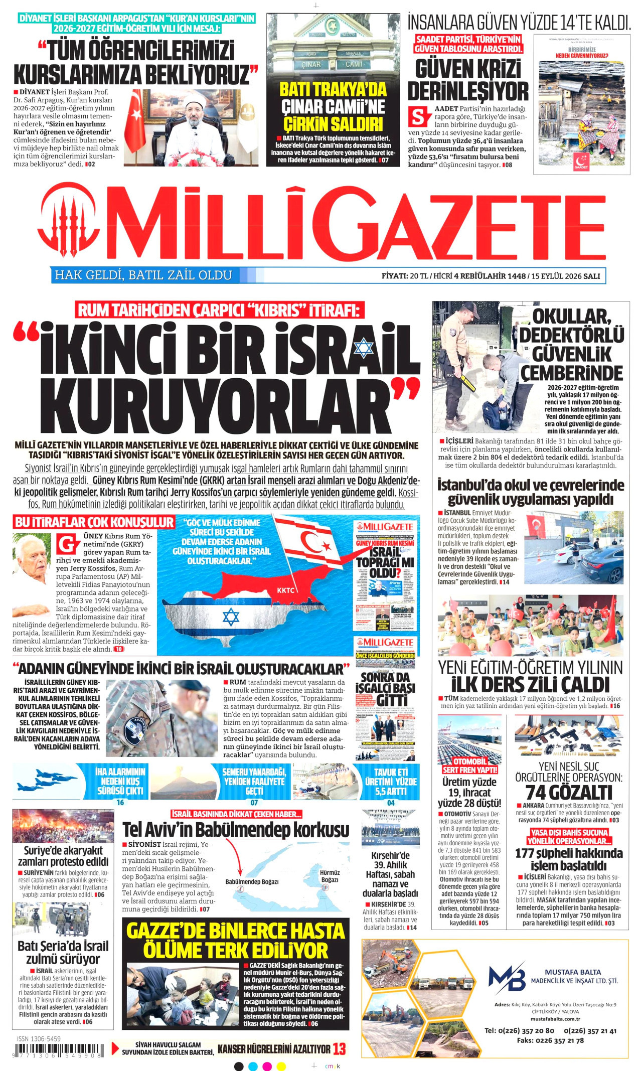 MİLLİ GAZETE gazetesinin 15 Eylül 2026 tarihli birinci sayfası