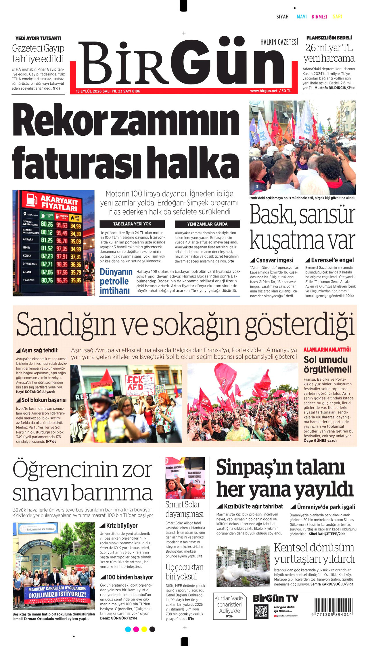 BİRGÜN gazetesinin 15 Eylül 2026 tarihli birinci sayfası