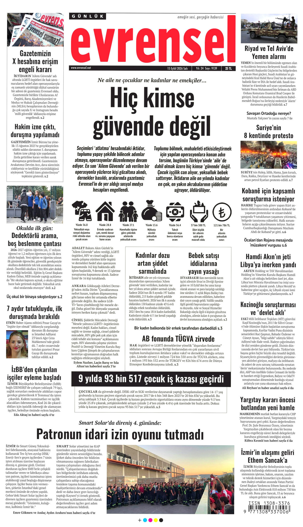 EVRENSEL gazetesinin 15 Eylül 2026 tarihli birinci sayfası