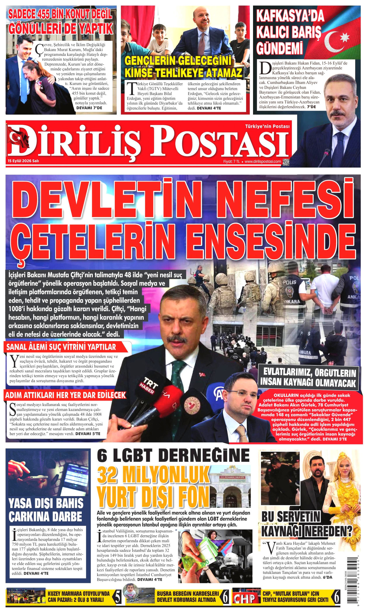 DİRİLİŞ POSTASI gazetesinin 15 Eylül 2026 tarihli birinci sayfası