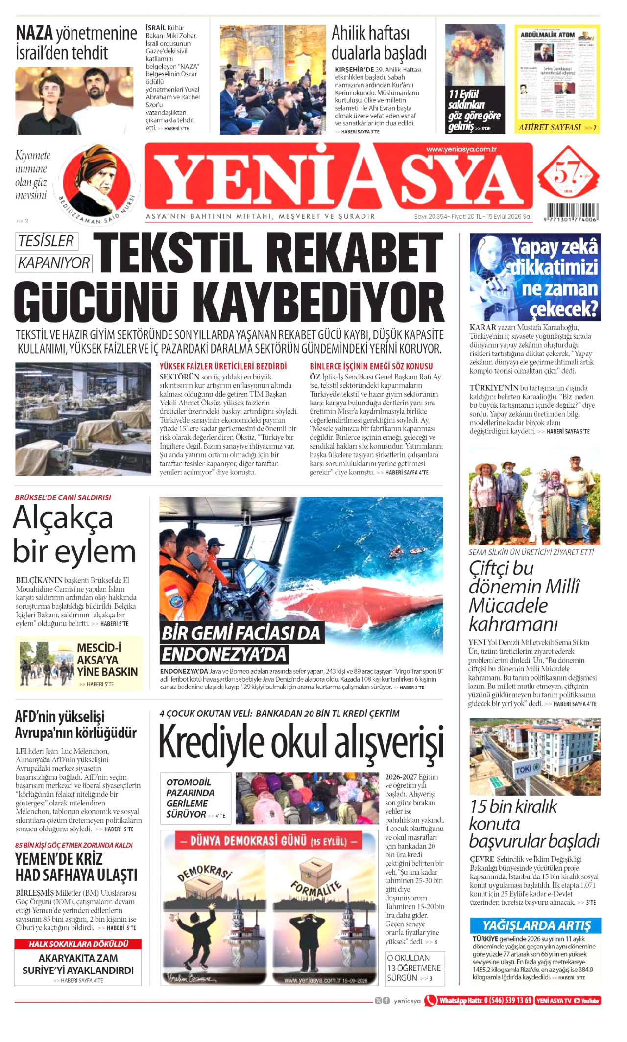 YENİ ASYA gazetesinin 15 Eylül 2026 tarihli birinci sayfası