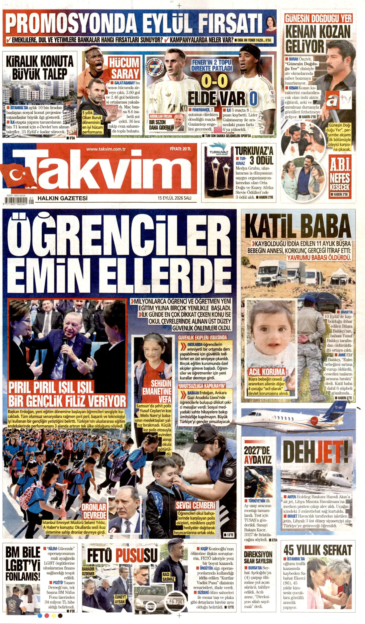 TAKVİM gazetesinin 15 Eylül 2026 tarihli birinci sayfası