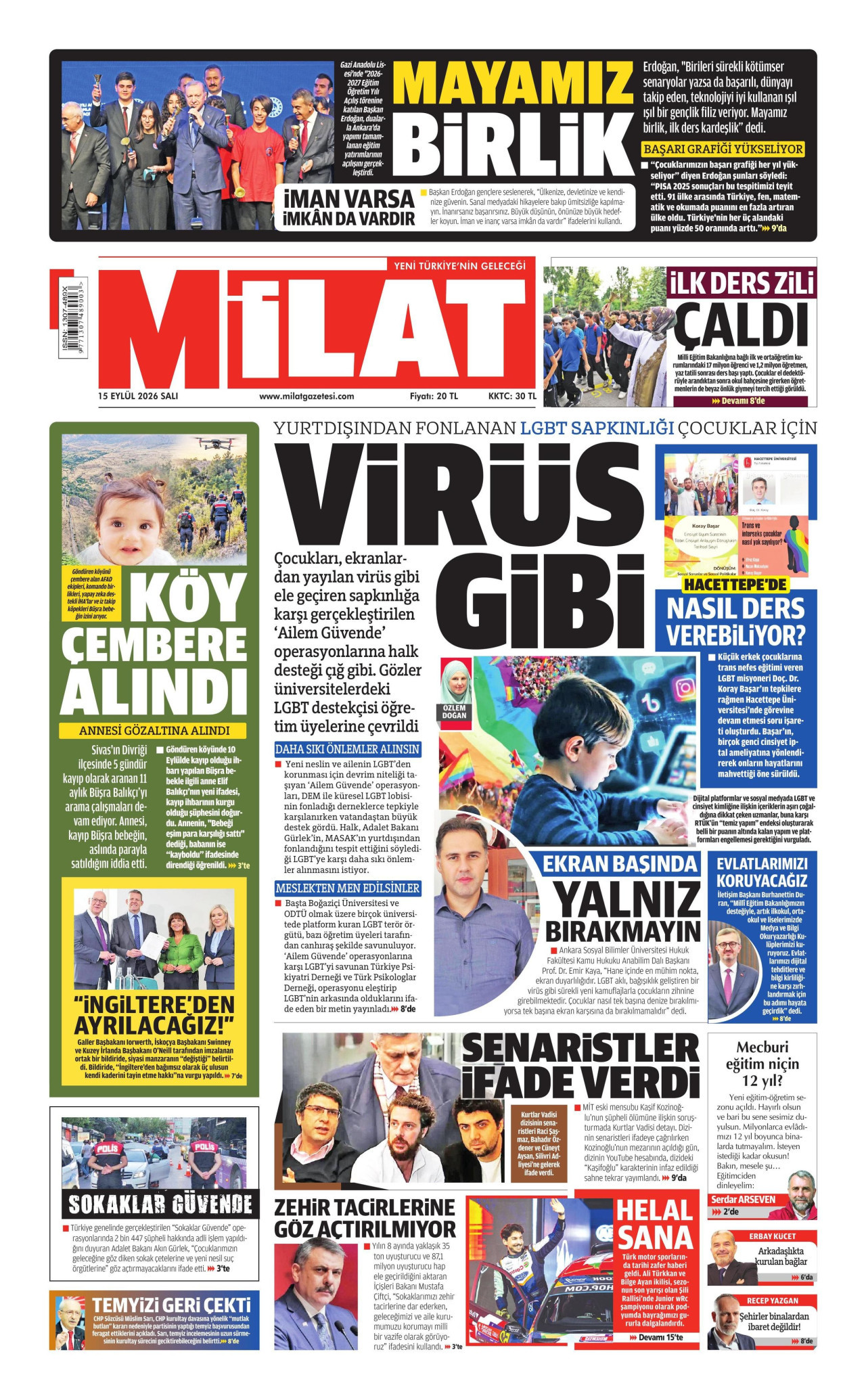 MİLAT gazetesinin 15 Eylül 2026 tarihli birinci sayfası