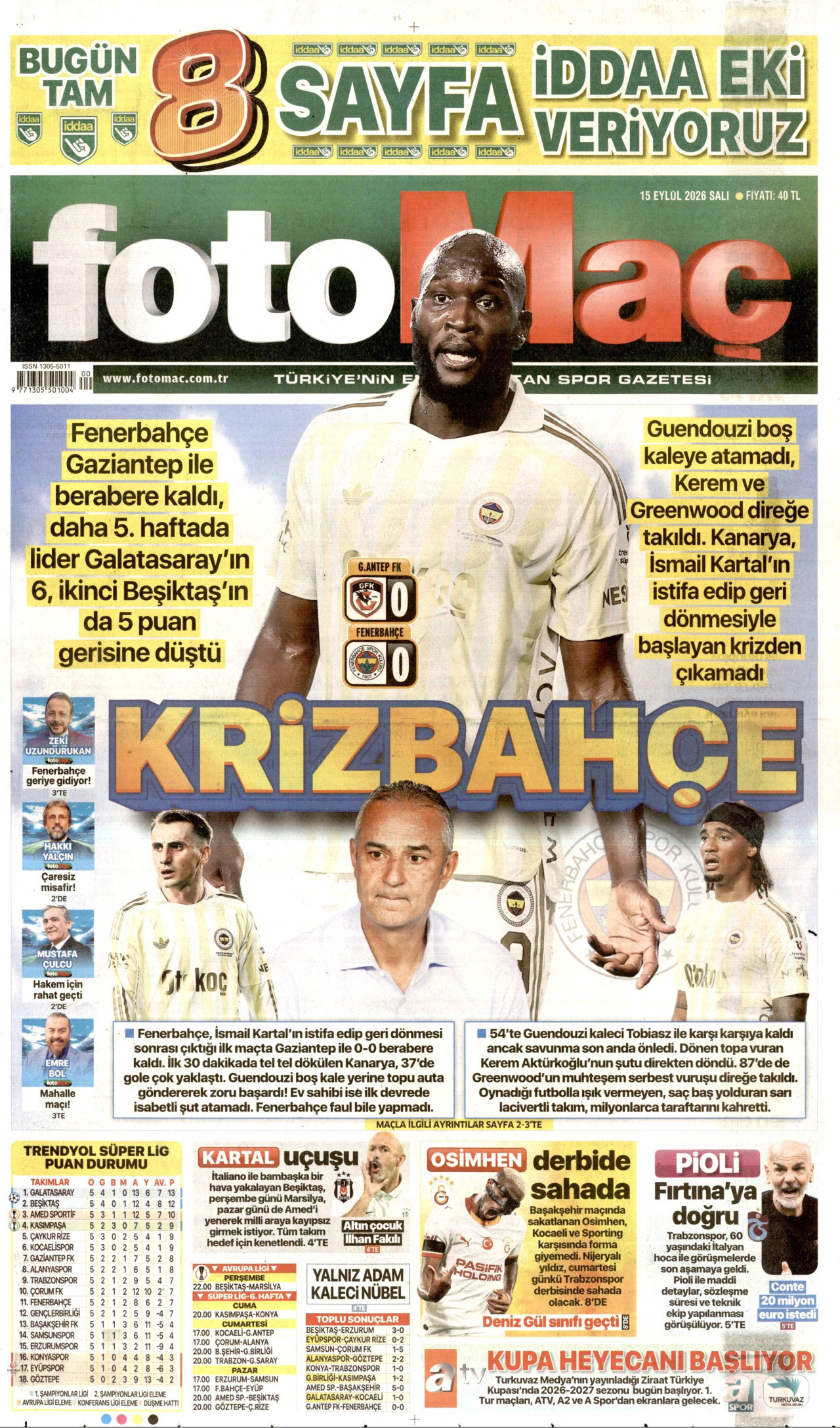 FOTOMAÇ gazetesinin 15 Eylül 2026 tarihli birinci sayfası