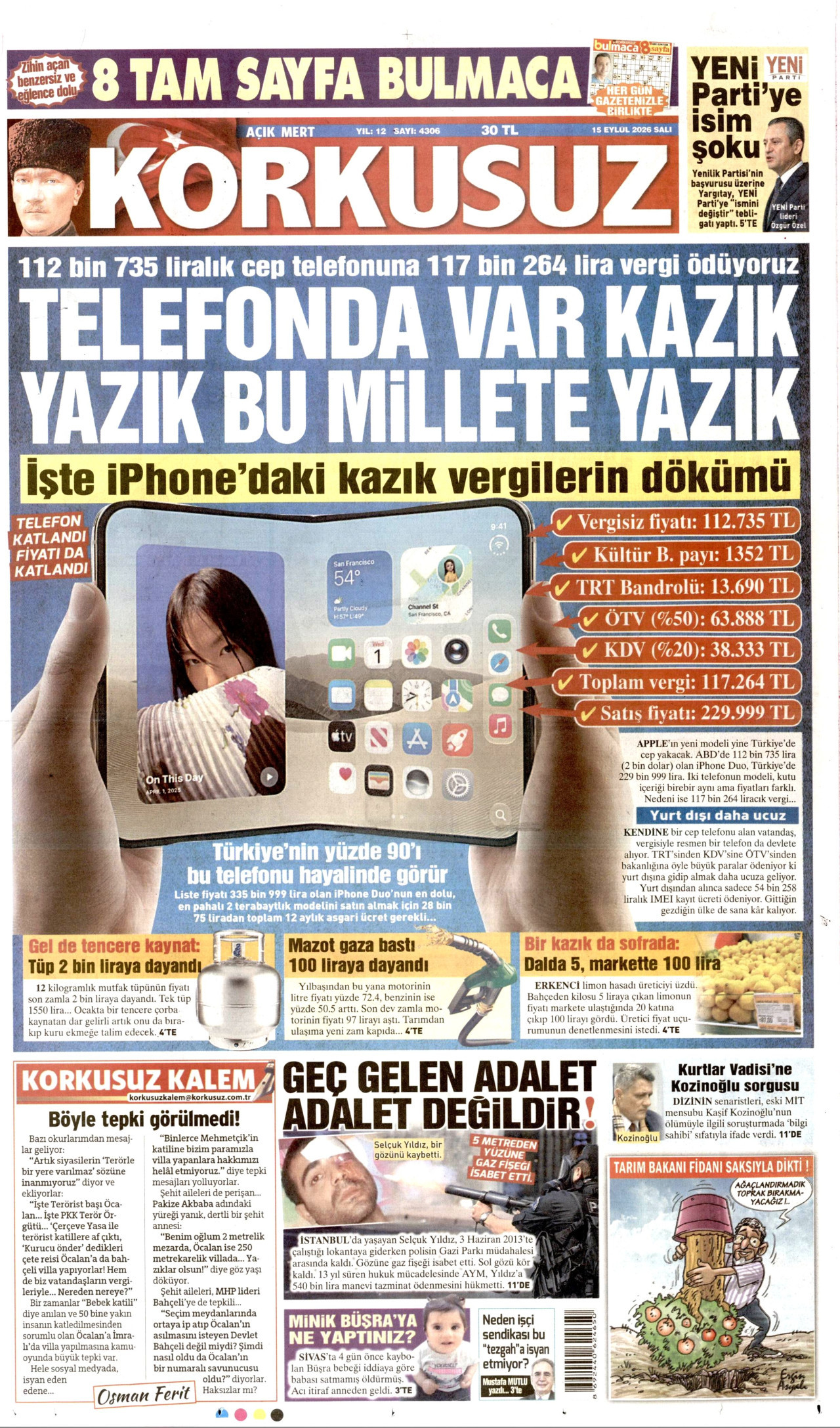 KORKUSUZ gazetesinin 15 Eylül 2026 tarihli birinci sayfası