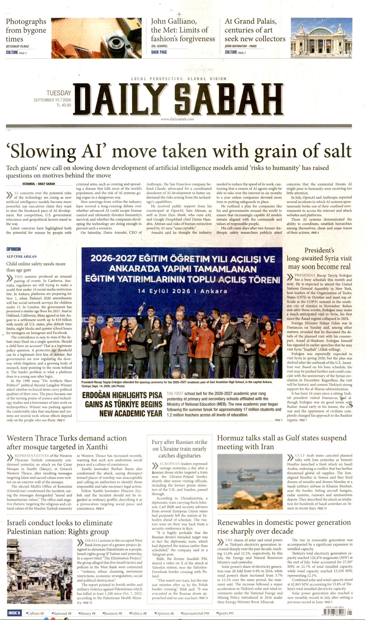 DAİLY SABAH gazetesinin 15 Eylül 2026 tarihli birinci sayfası