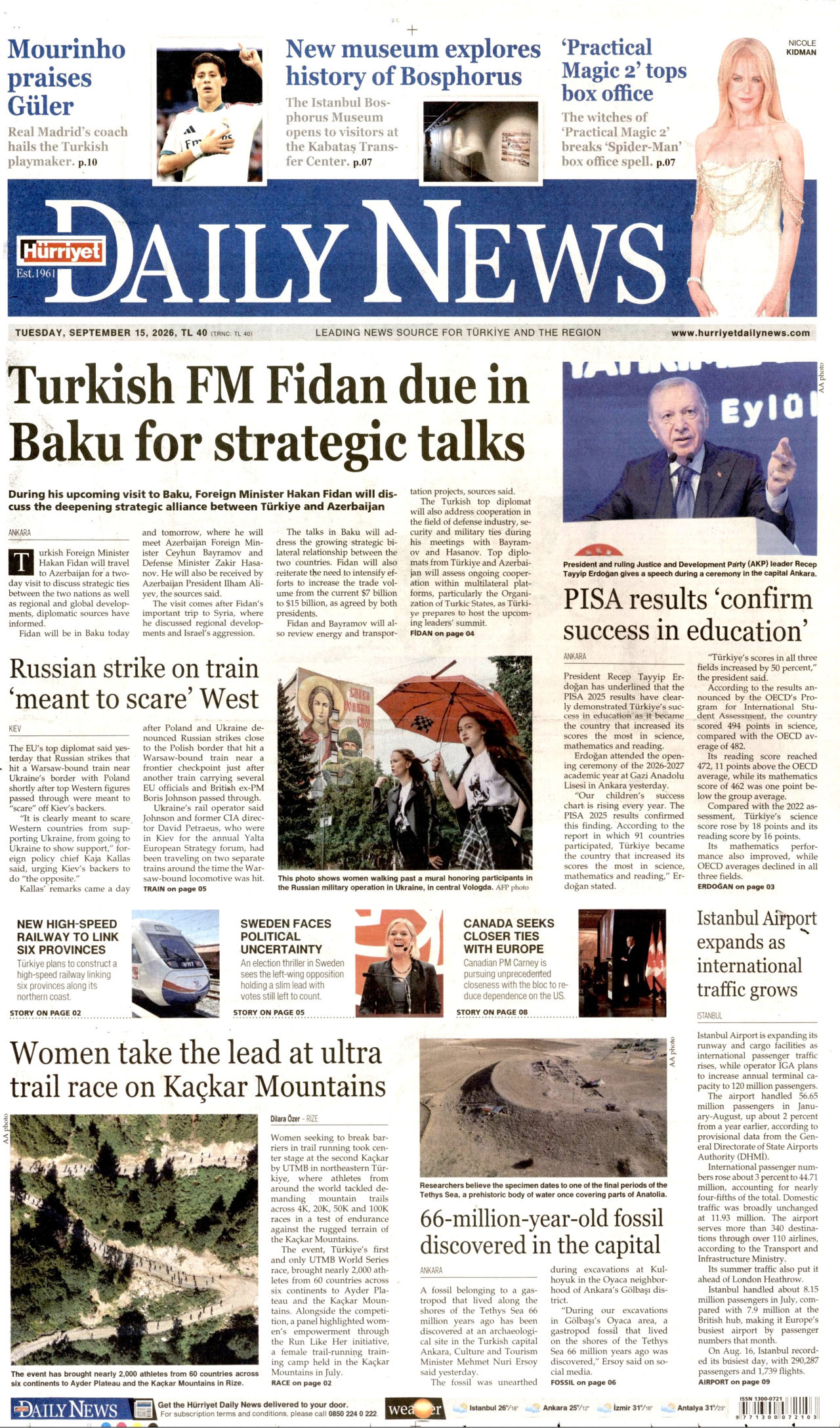 HÜRRİYET DAİLY NEWS gazetesinin 15 Eylül 2026 tarihli birinci sayfası