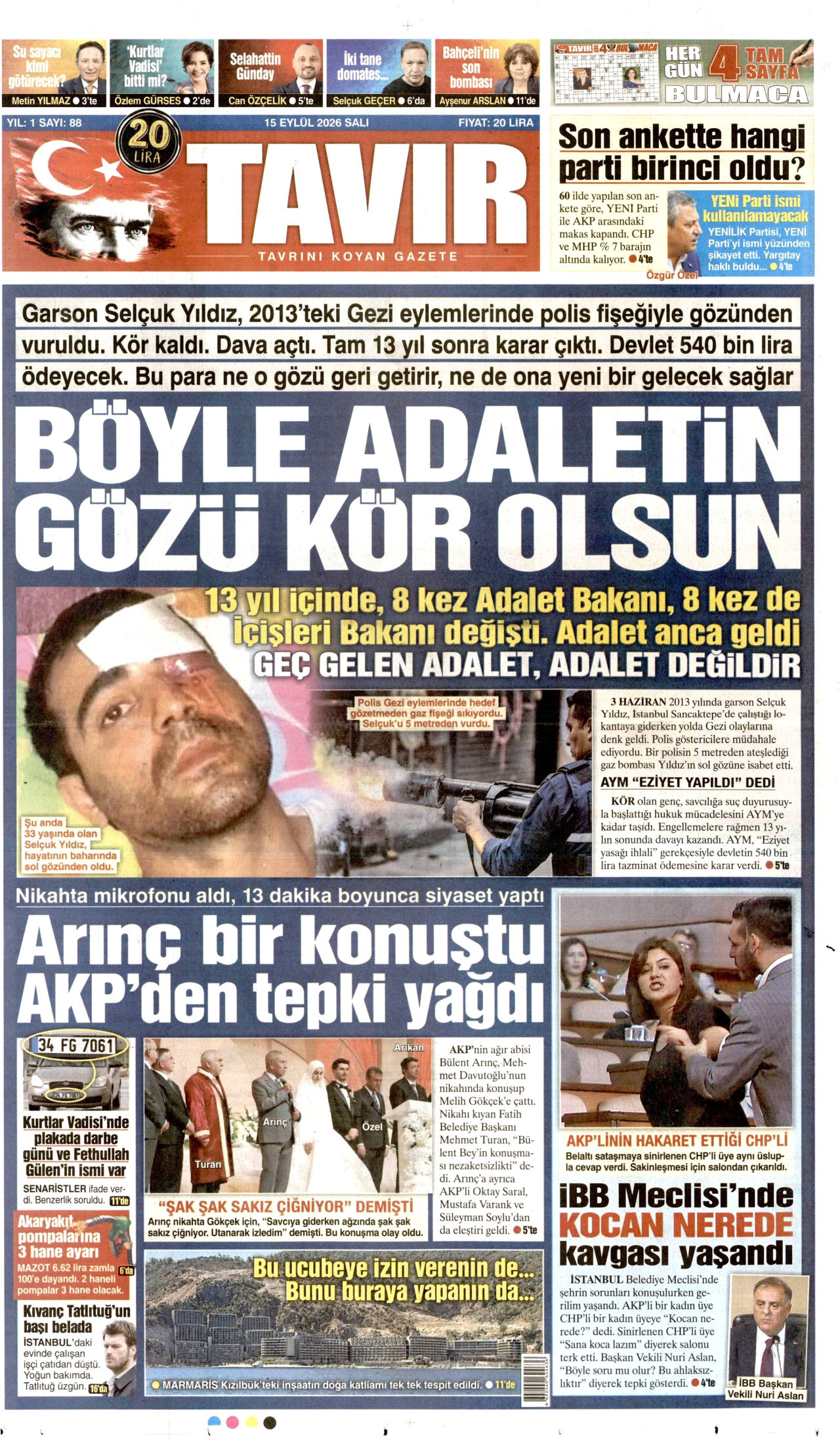 TAVIR GAZETESİ gazetesinin 15 Eylül 2026 tarihli birinci sayfası