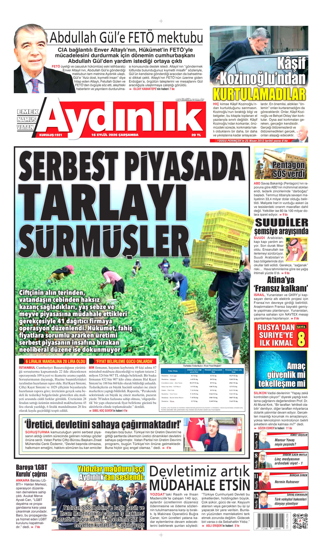 AYDINLIK GAZETESİ 16 Eylül 2026 Gazete Manşeti Büyük