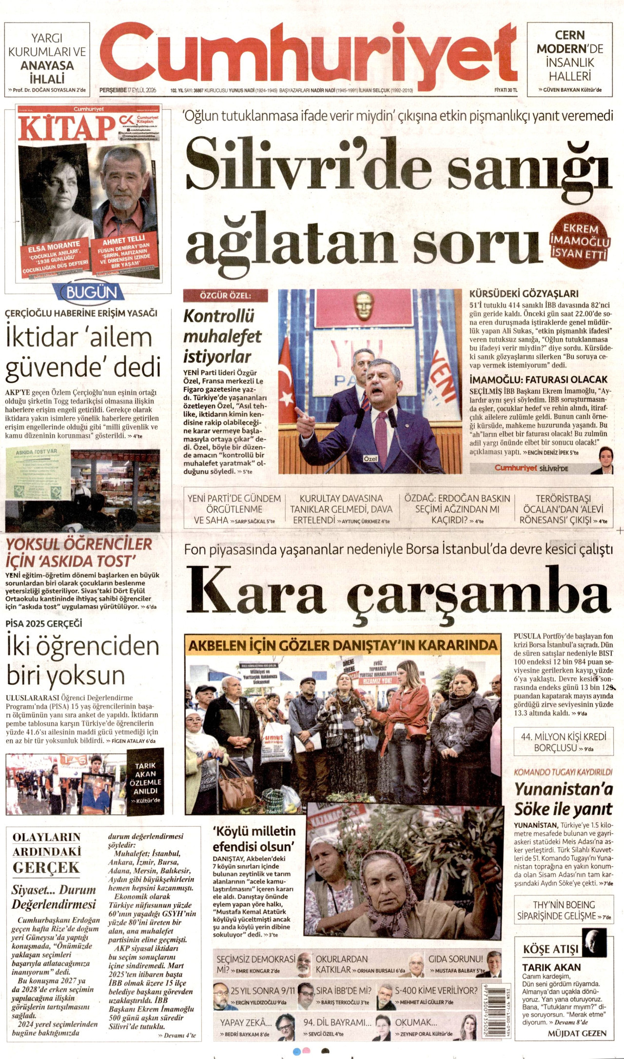 CUMHURİYET 17 Eylül 2026 Gazete Manşeti Büyük