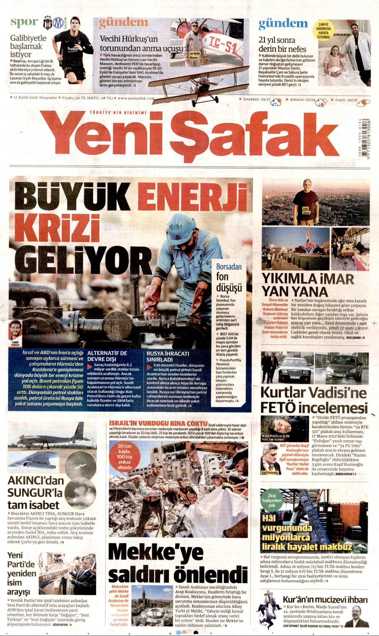 YENİ ŞAFAK 17 Eylül 2026 Gazete Manşeti Büyük