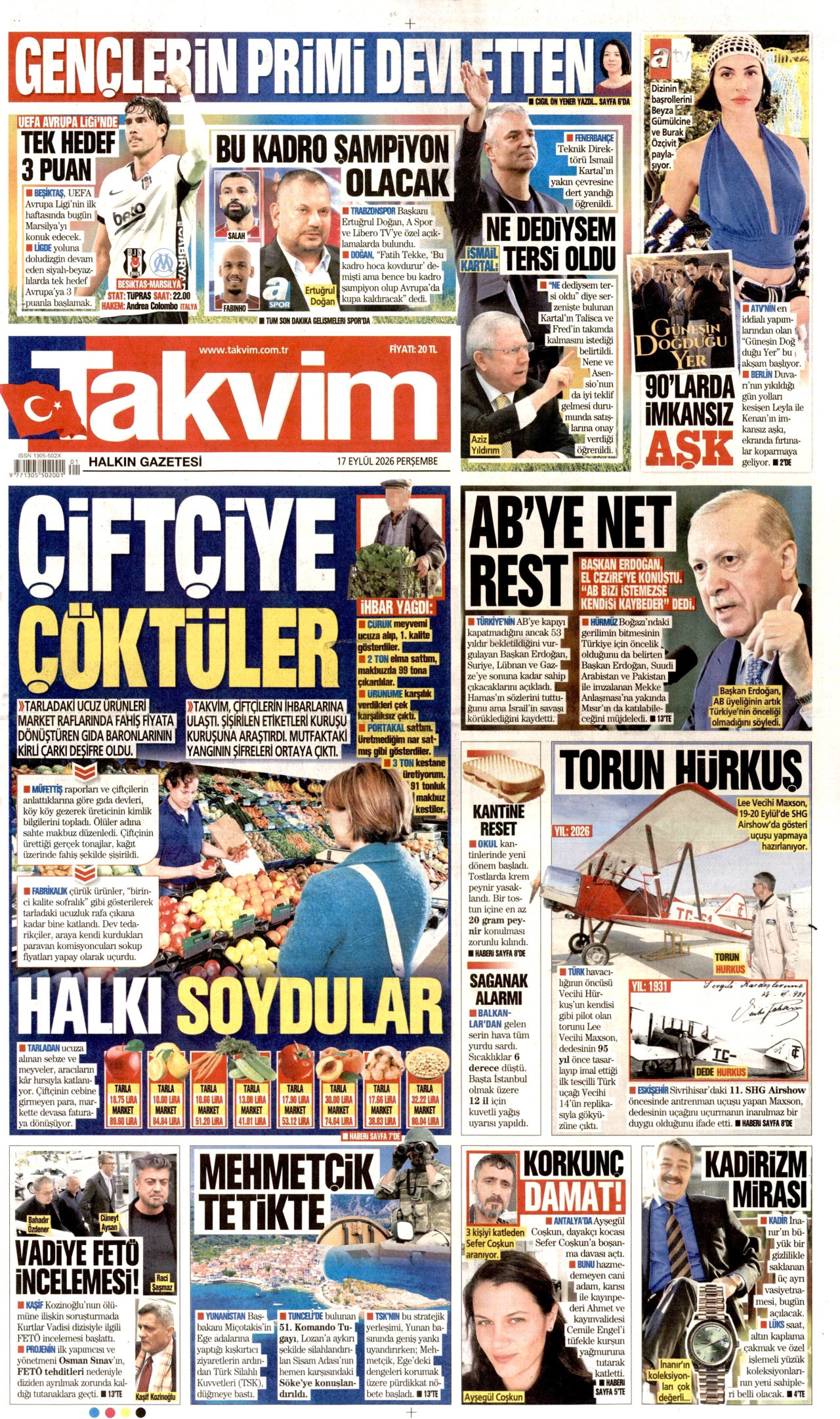 TAKVİM 17 Eylül 2026 Gazete Manşeti Büyük