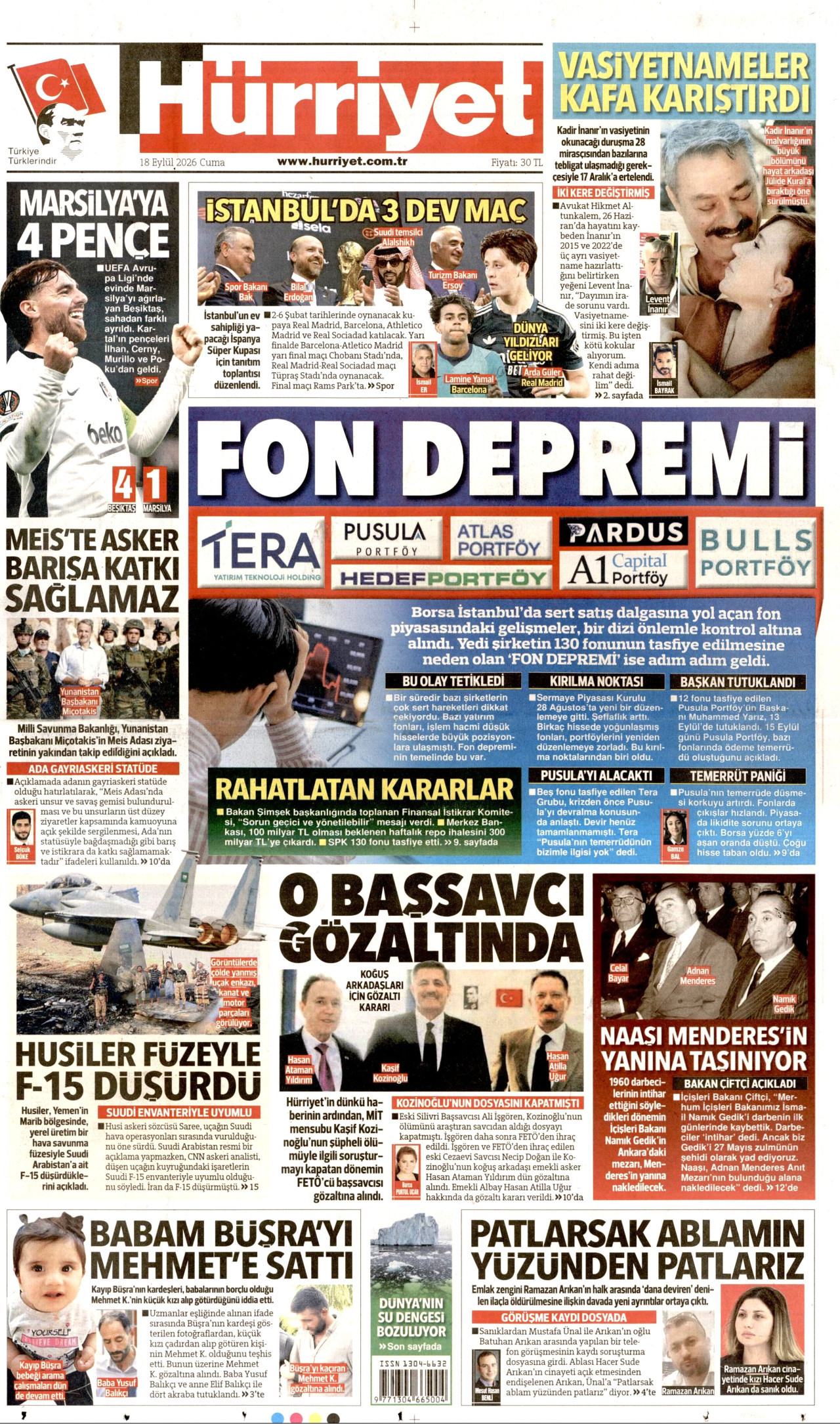 HÜRRİYET gazetesinin 18 Eylül 2026 tarihli birinci sayfası