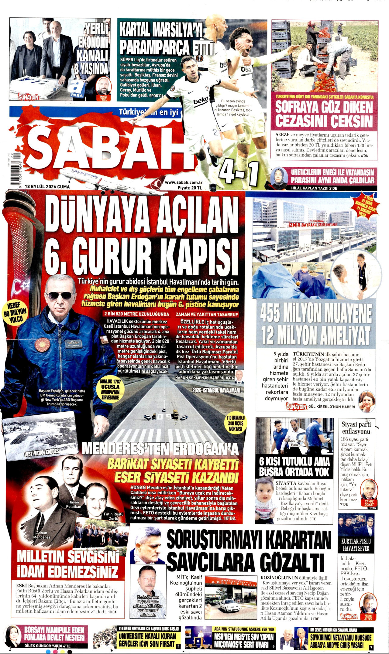 SABAH gazetesinin 18 Eylül 2026 tarihli birinci sayfası