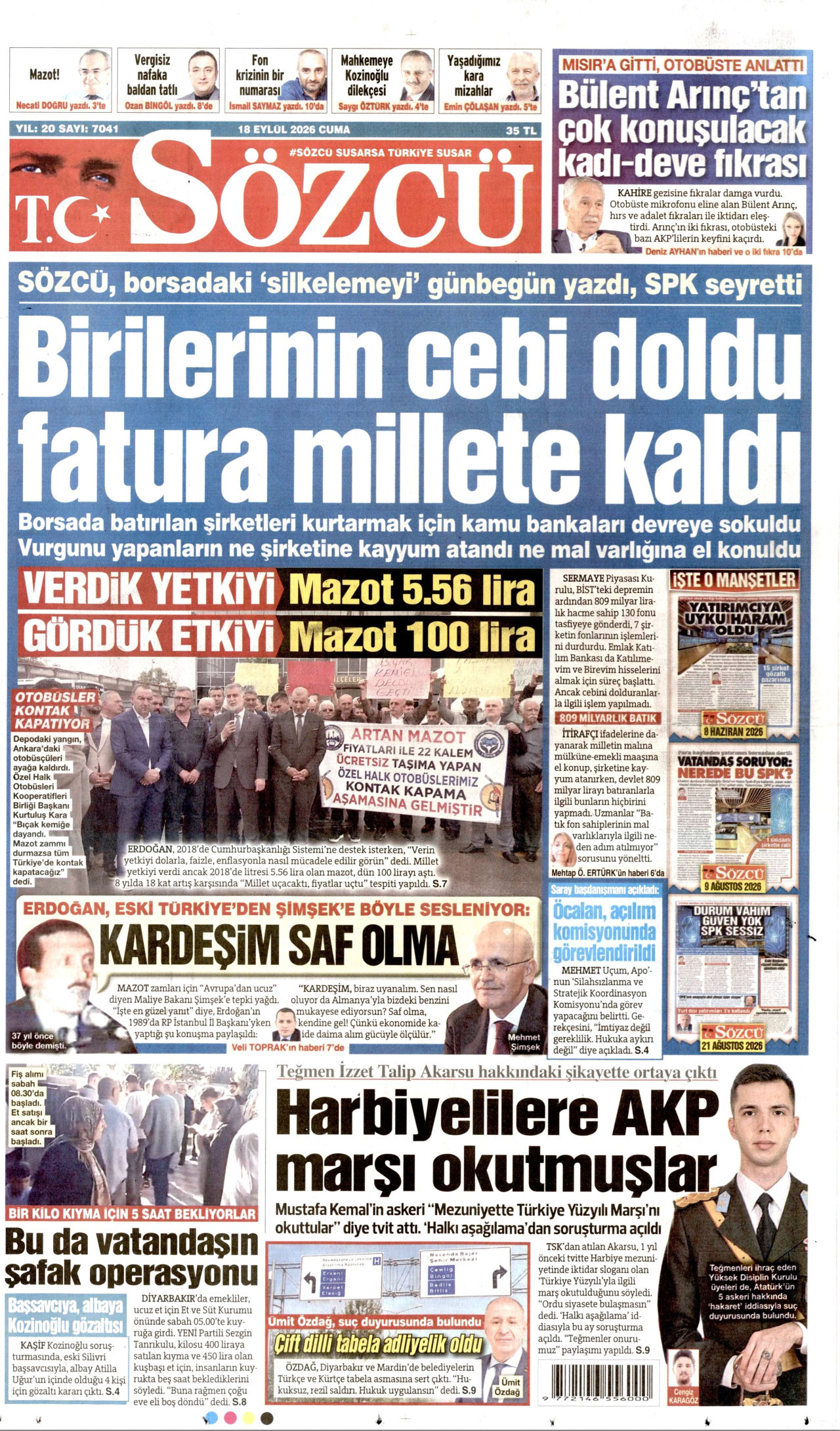 SÖZCÜ gazetesinin 18 Eylül 2026 tarihli birinci sayfası