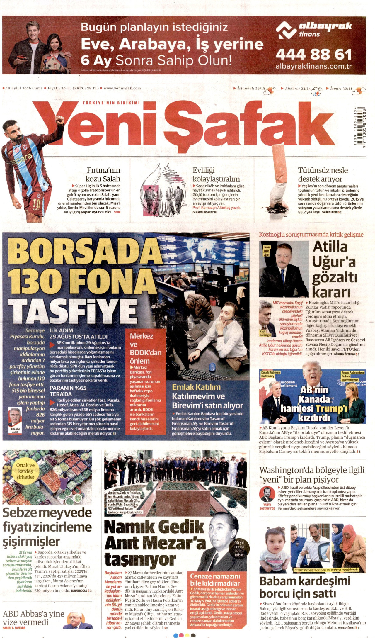 YENİ ŞAFAK gazetesinin 18 Eylül 2026 tarihli birinci sayfası