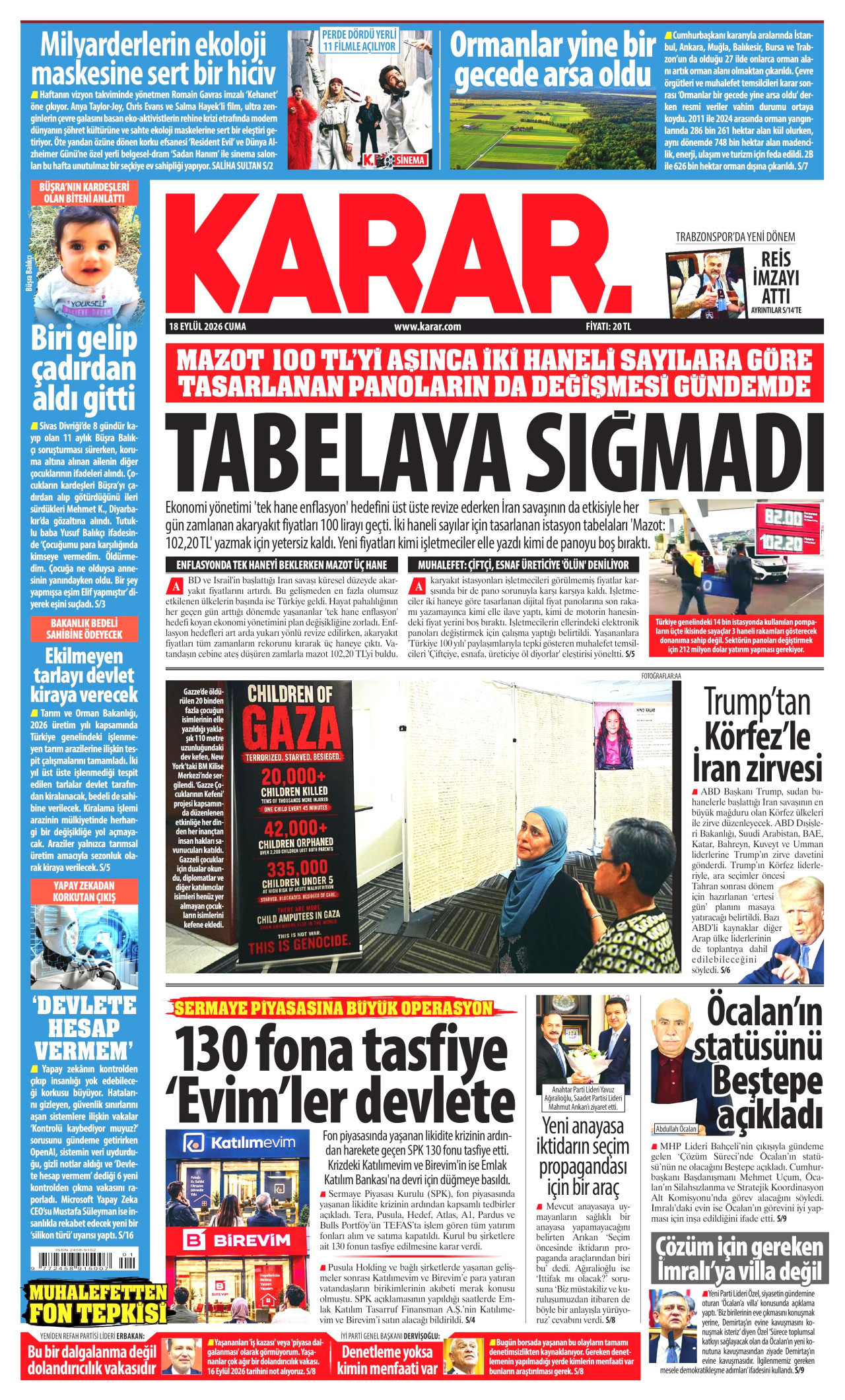 KARAR gazetesinin 18 Eylül 2026 tarihli birinci sayfası