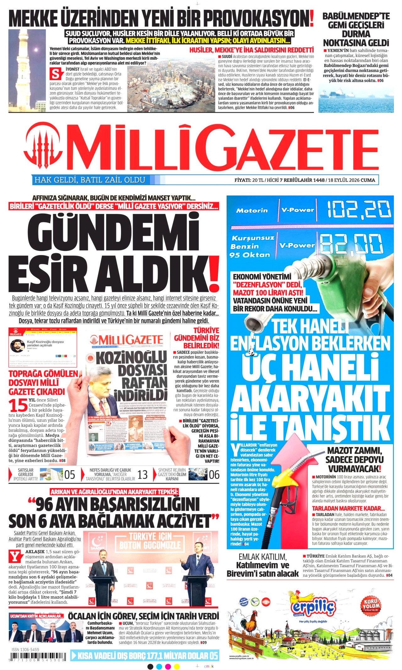 MİLLİ GAZETE gazetesinin 18 Eylül 2026 tarihli birinci sayfası