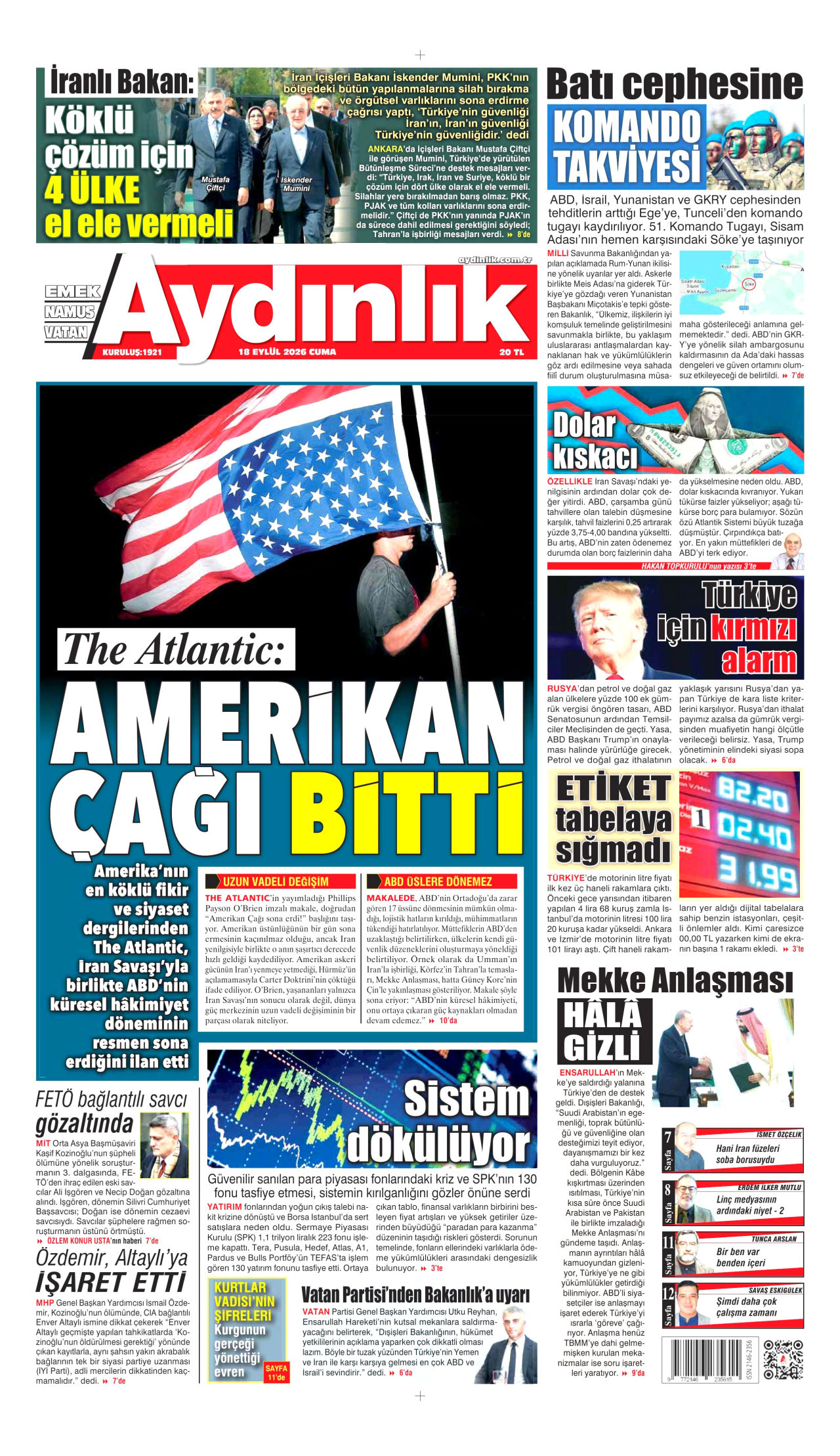 AYDINLIK GAZETESİ gazetesinin 18 Eylül 2026 tarihli birinci sayfası