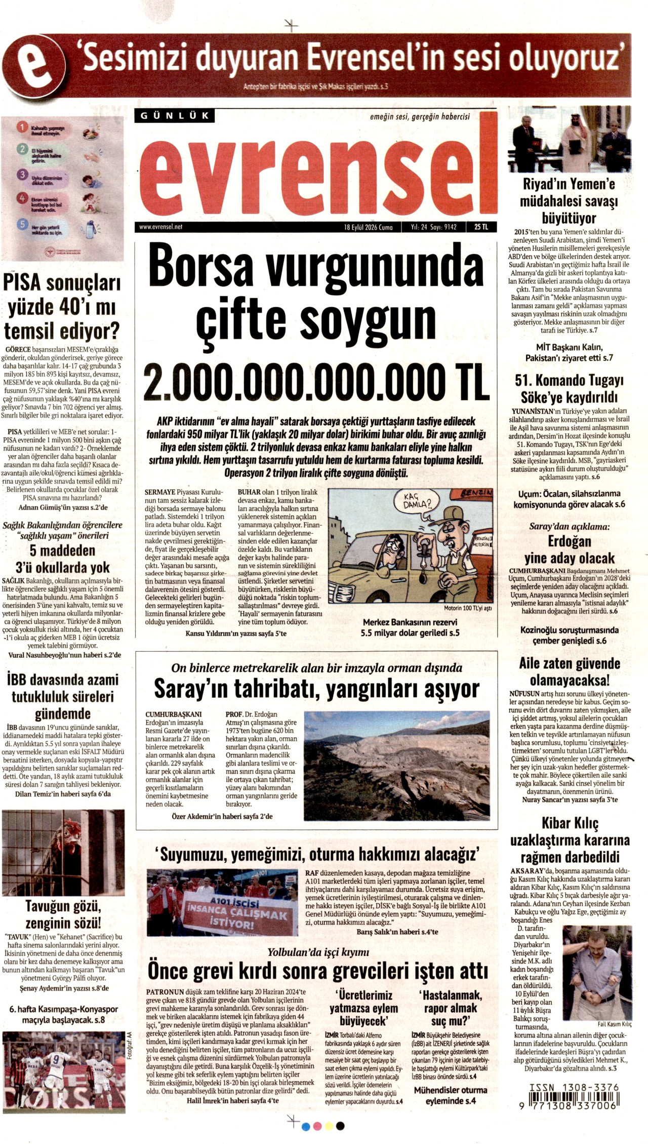 EVRENSEL gazetesinin 18 Eylül 2026 tarihli birinci sayfası