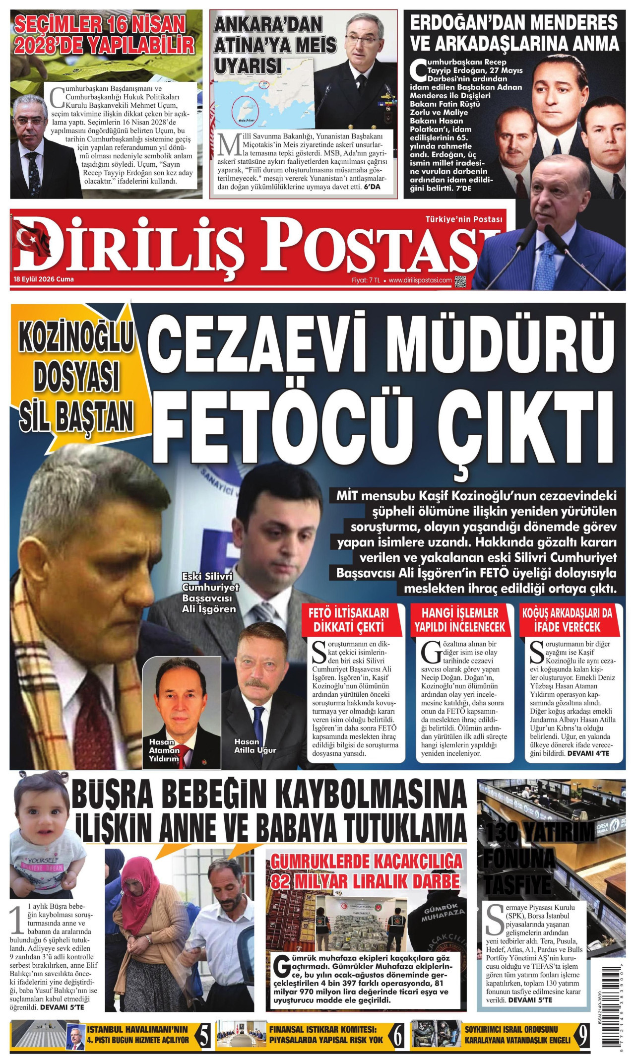 DİRİLİŞ POSTASI gazetesinin 18 Eylül 2026 tarihli birinci sayfası