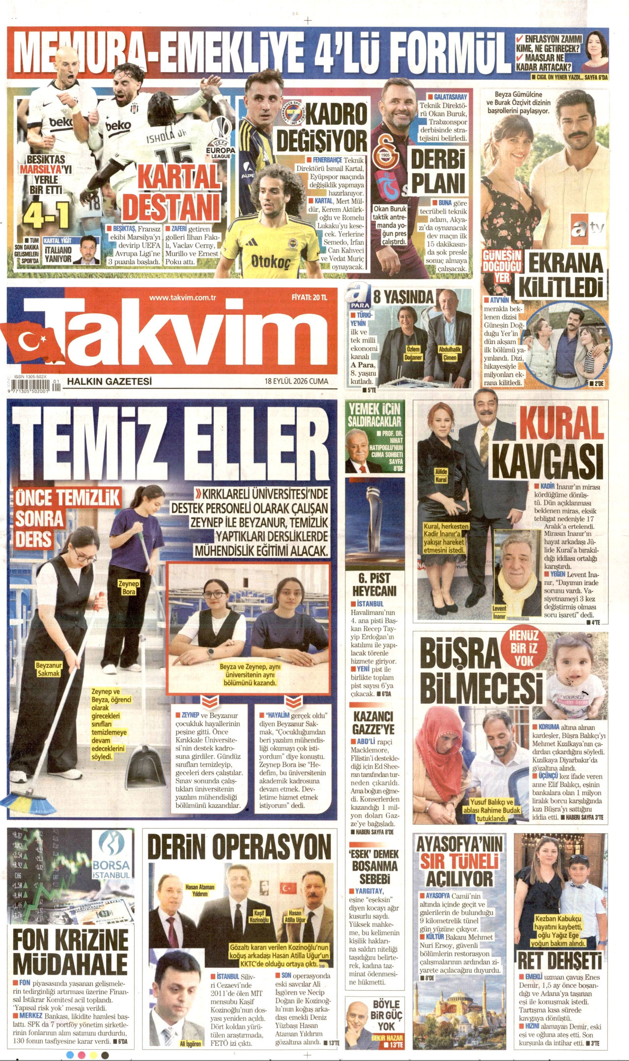 TAKVİM gazetesinin 18 Eylül 2026 tarihli birinci sayfası