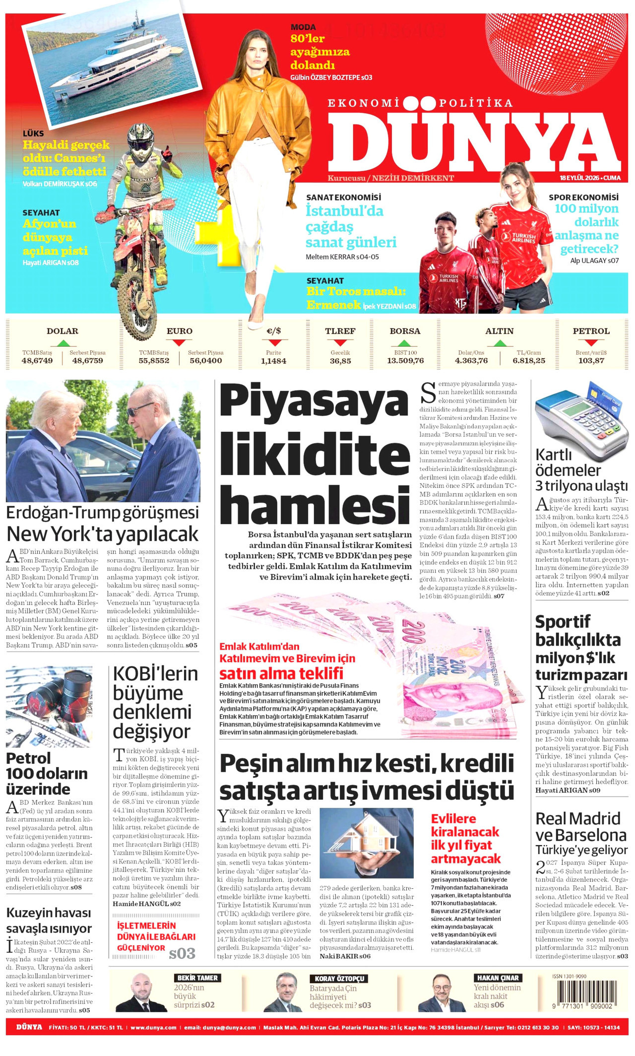 DÜNYA gazetesinin 18 Eylül 2026 tarihli birinci sayfası