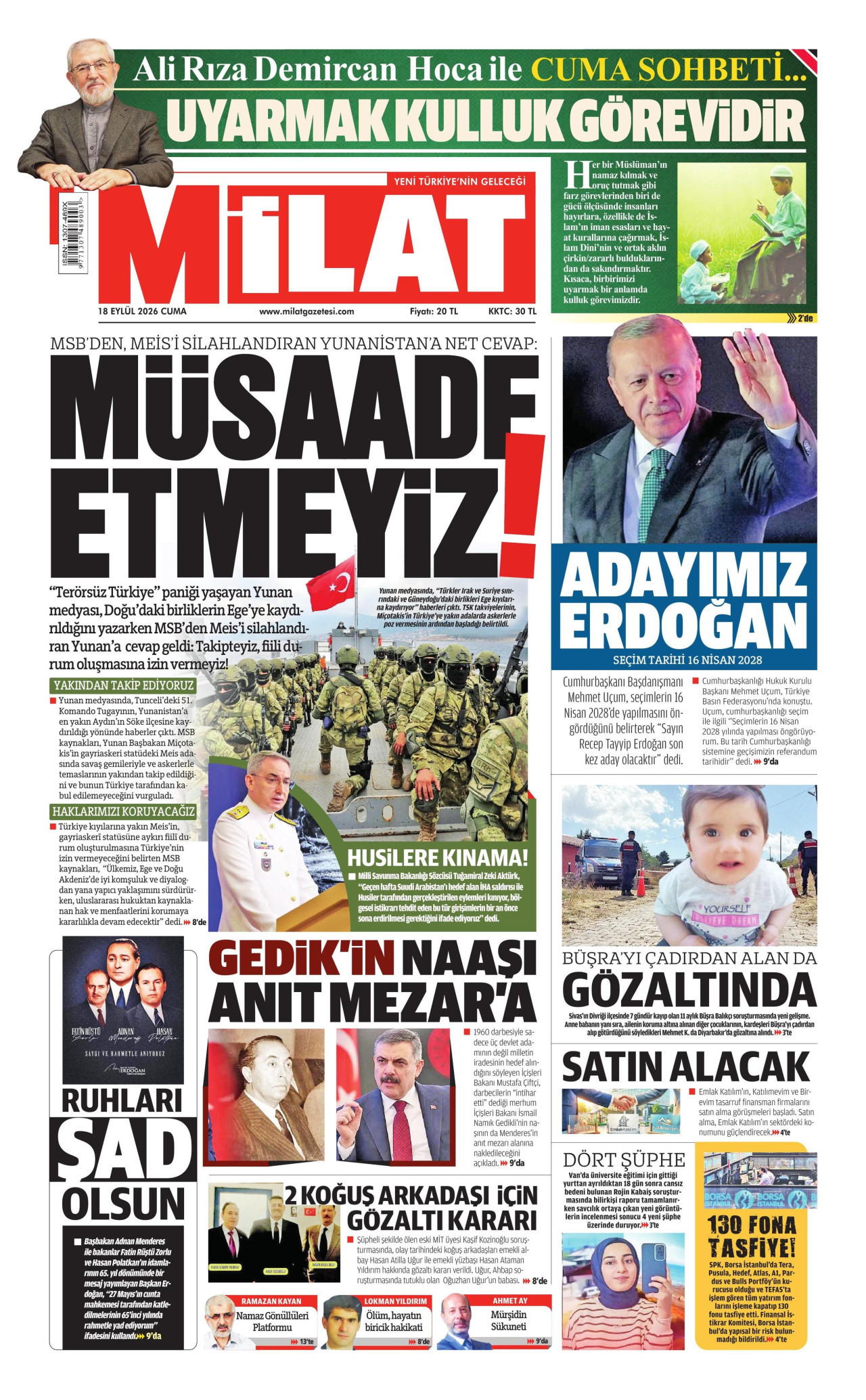 MİLAT gazetesinin 18 Eylül 2026 tarihli birinci sayfası
