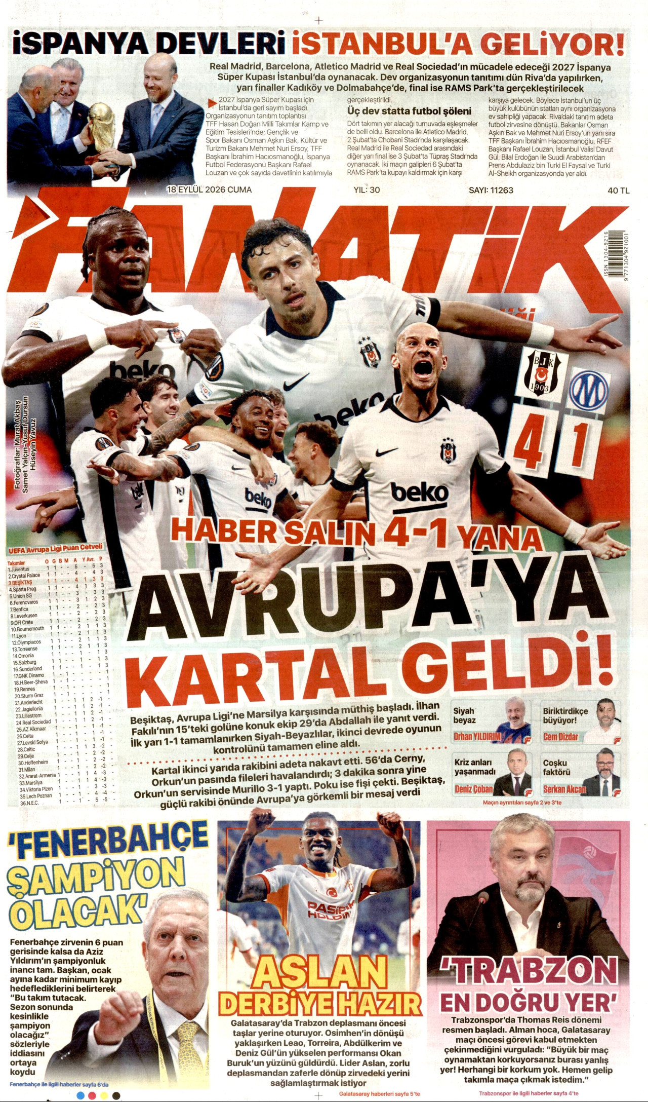 FANATİK gazetesinin 18 Eylül 2026 tarihli birinci sayfası