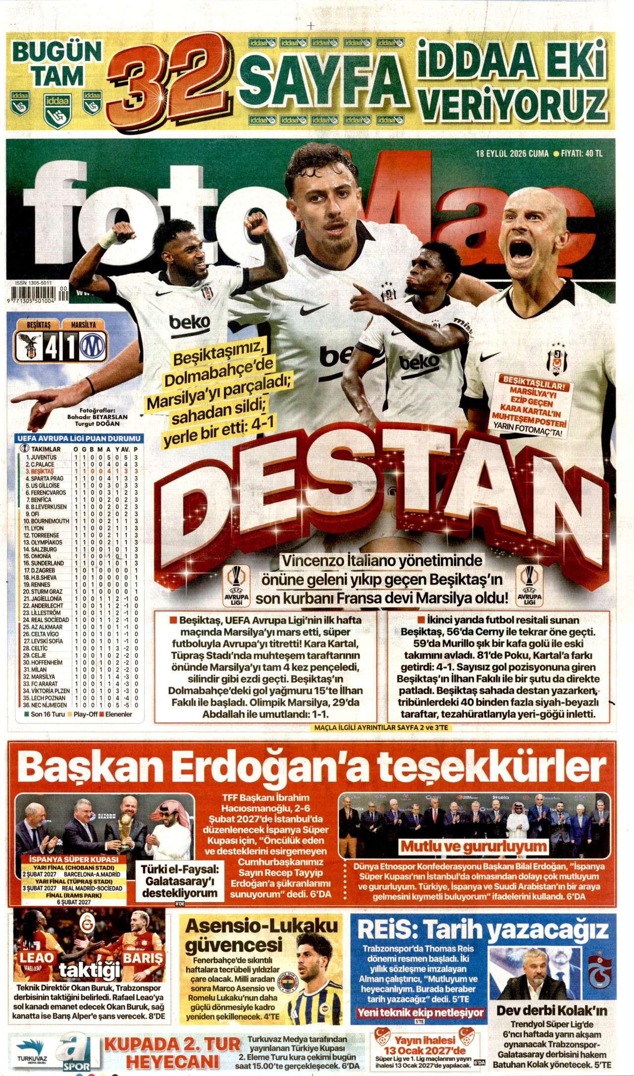 FOTOMAÇ gazetesinin 18 Eylül 2026 tarihli birinci sayfası