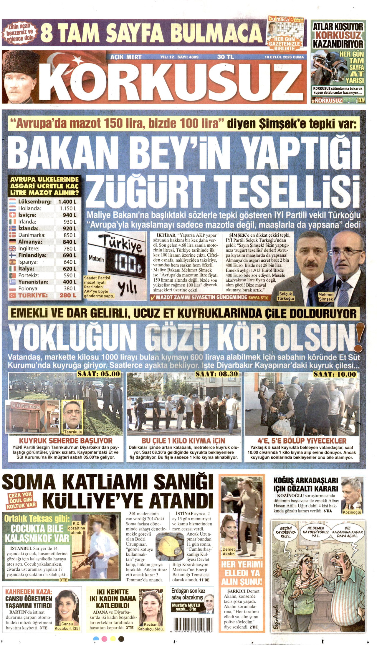 KORKUSUZ gazetesinin 18 Eylül 2026 tarihli birinci sayfası