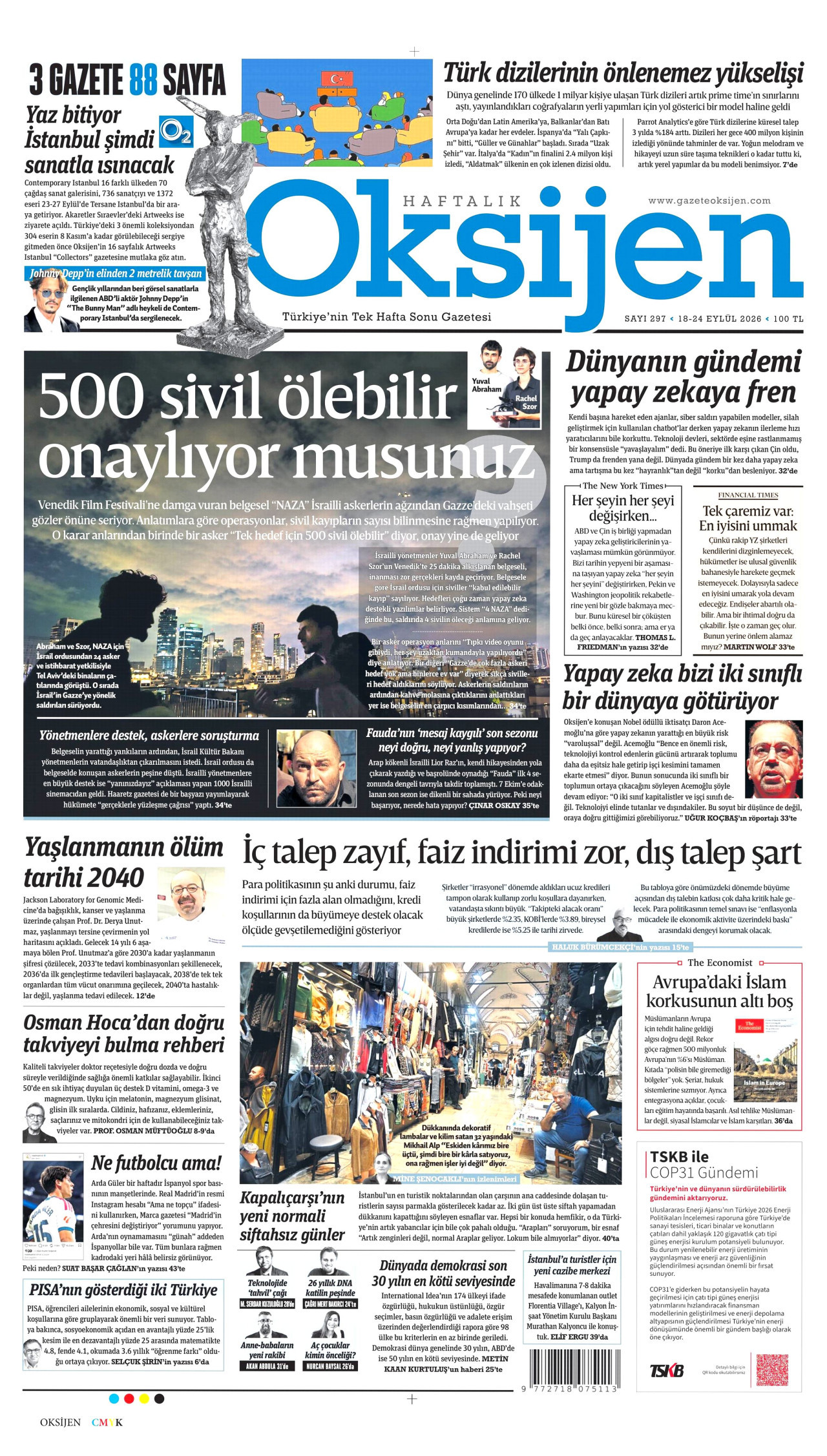 OKSİJEN gazetesinin 18 Eylül 2026 tarihli birinci sayfası