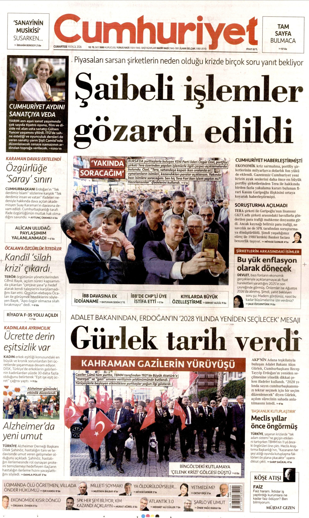 CUMHURİYET gazetesinin 19 Eylül 2026 tarihli birinci sayfası