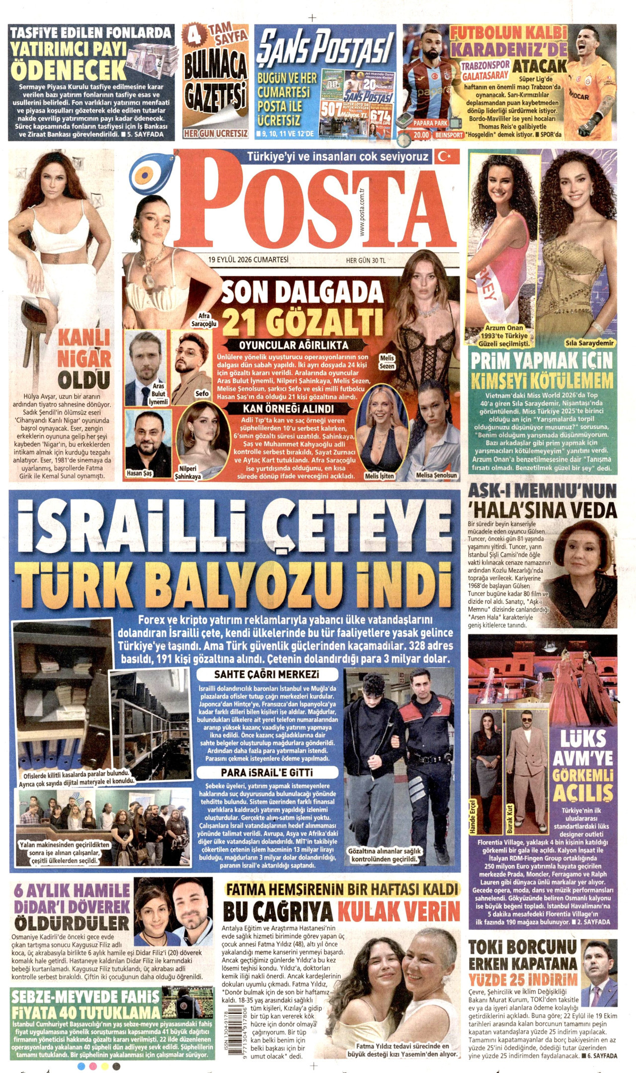 POSTA gazetesinin 19 Eylül 2026 tarihli birinci sayfası