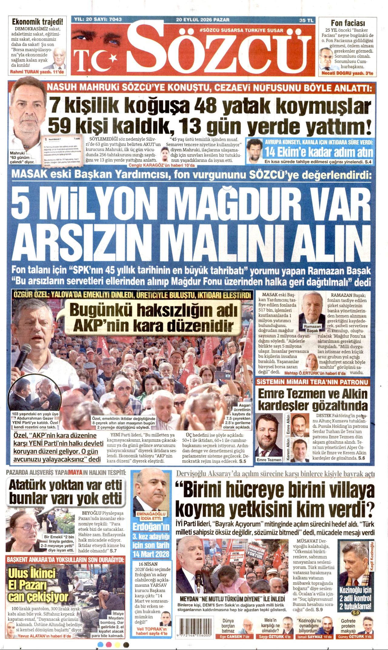 SÖZCÜ gazetesinin 20 Eylül 2026 tarihli birinci sayfası