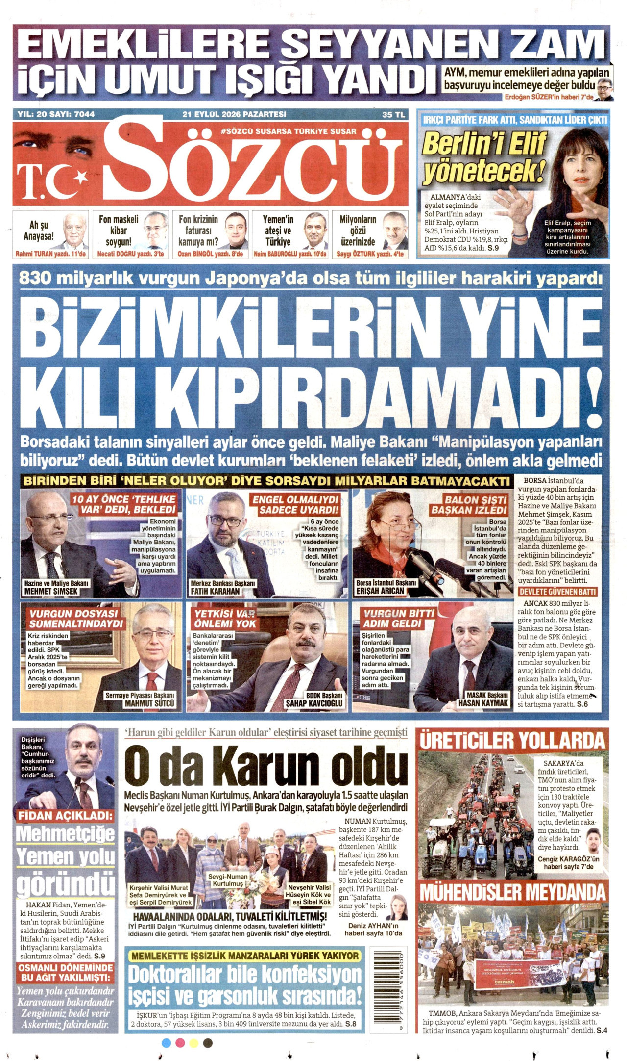 SÖZCÜ gazetesinin 21 Eylül 2026 tarihli birinci sayfası