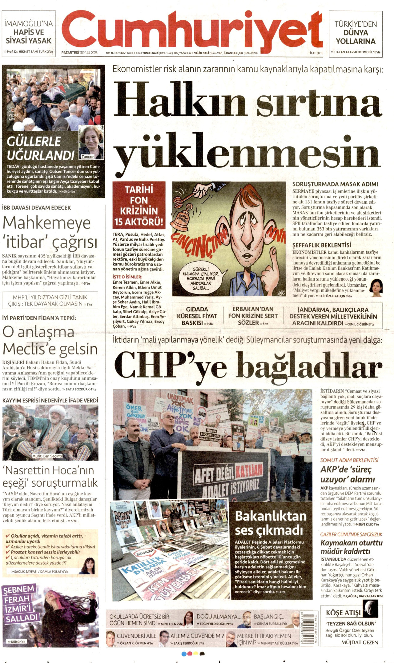CUMHURİYET gazetesinin 21 Eylül 2026 tarihli birinci sayfası