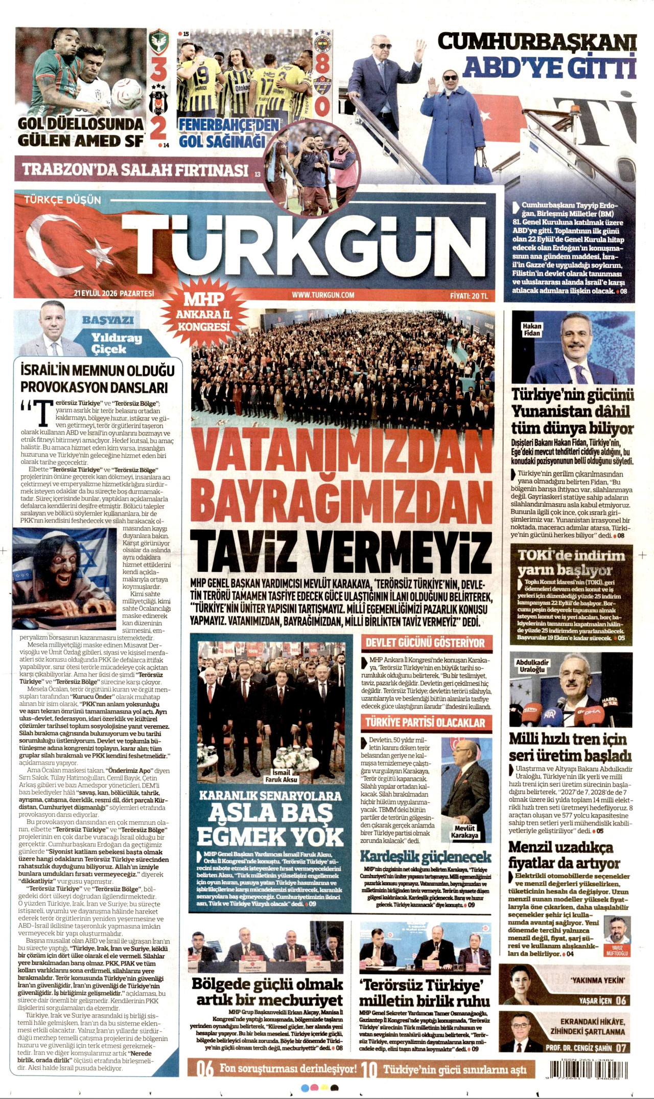 TÜRKGÜN gazetesinin 21 Eylül 2026 tarihli birinci sayfası